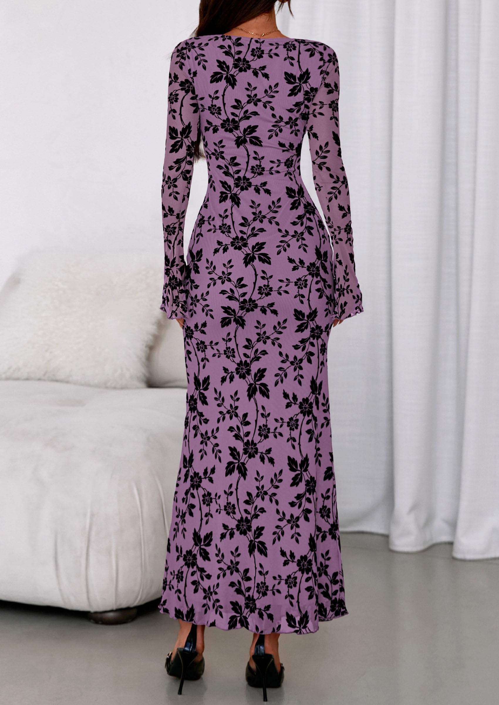 Women's Floral Bodycon Maxi Dress Wedding Guest Dresses Purple