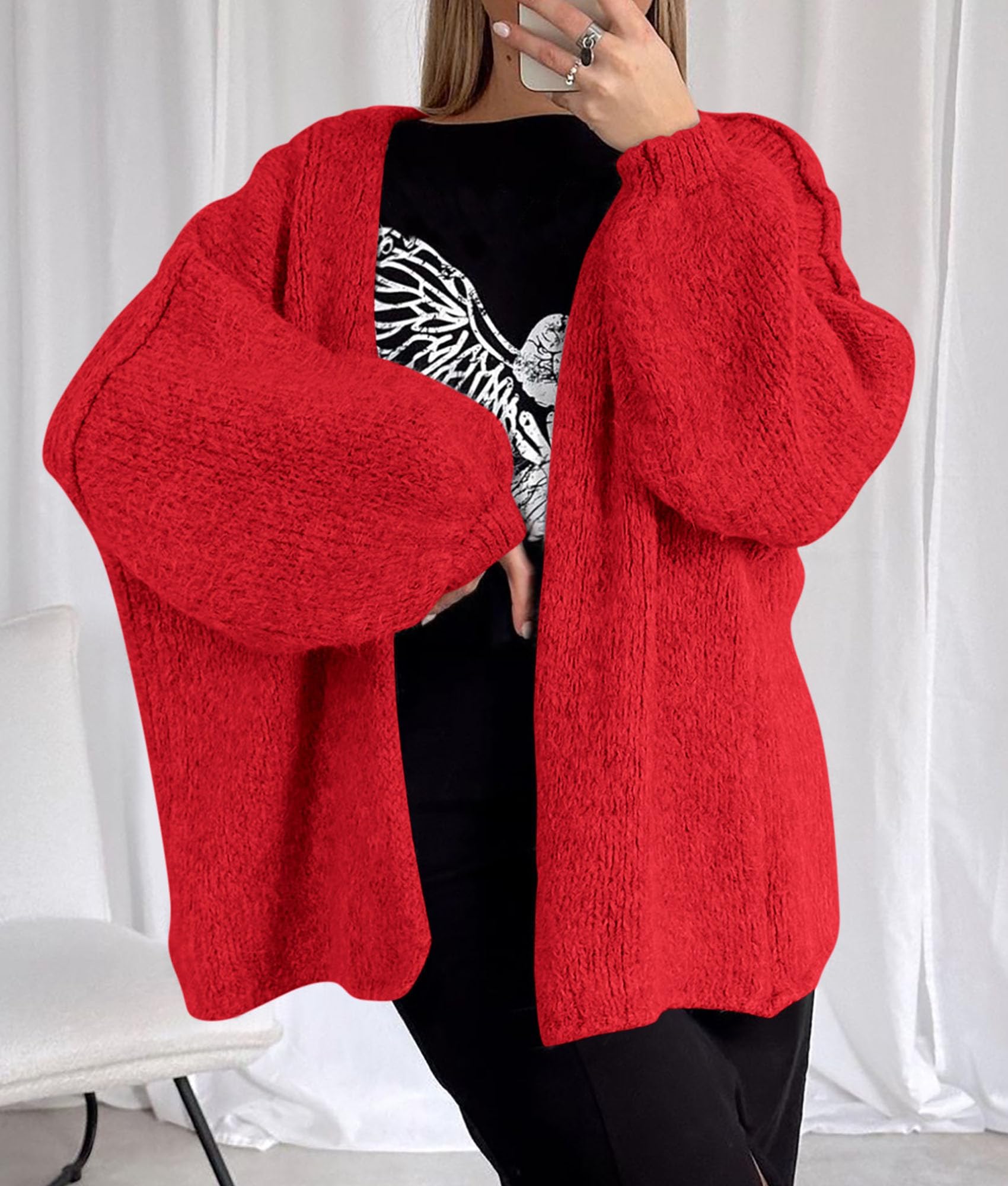Womens Open Front Oversized Cardigan Sweaters,Red,XS