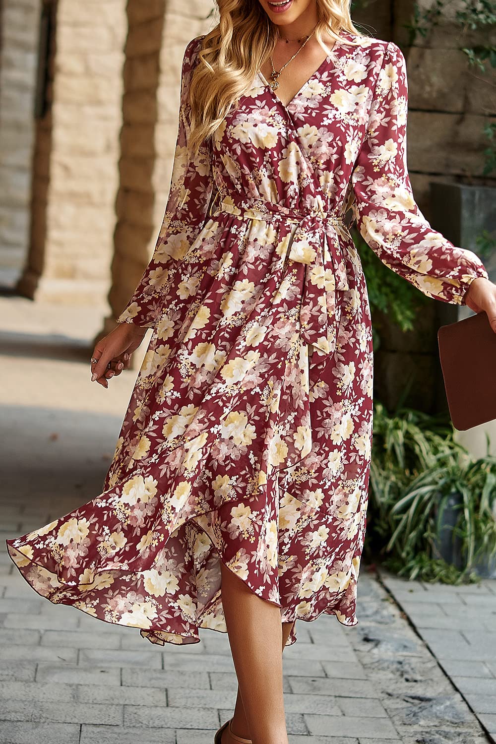 Women's Floral Boho Long Sleeve Maxi Dress, Floral Wine Red,S