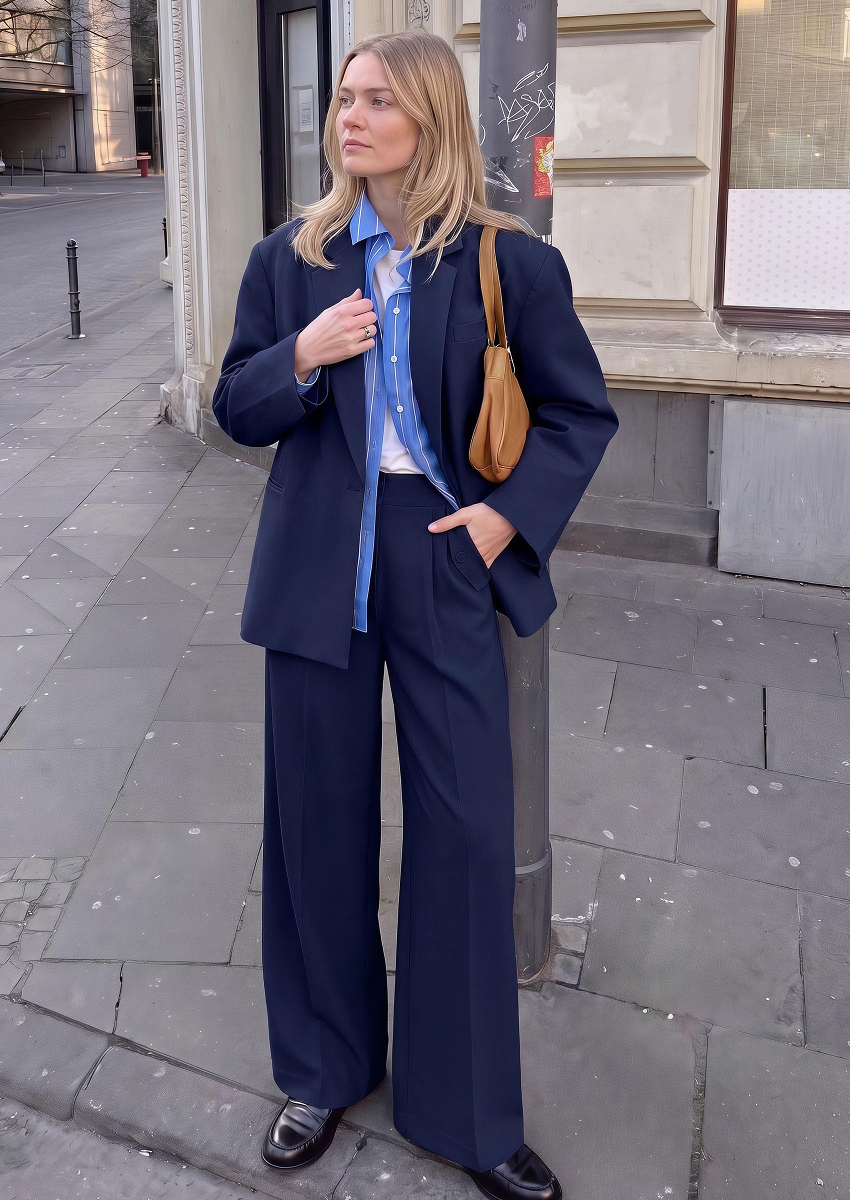 Women's Wide Leg Work Dress Pants Trousers, Navy Blue,S