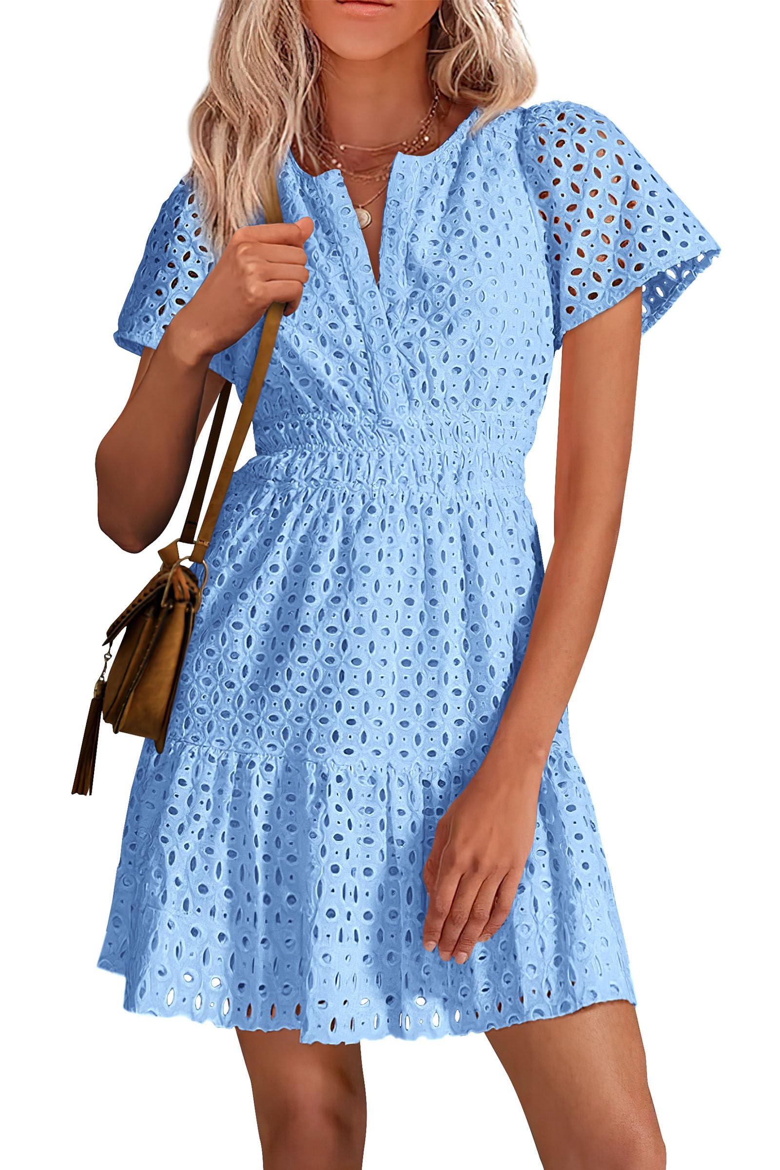 Womens 2025 Summer Short Dress V Neck Short Sleeve A Line Hollow Out Lace Ruffle Cute Casual Beach Party Dresses (Light Blue,Medium)