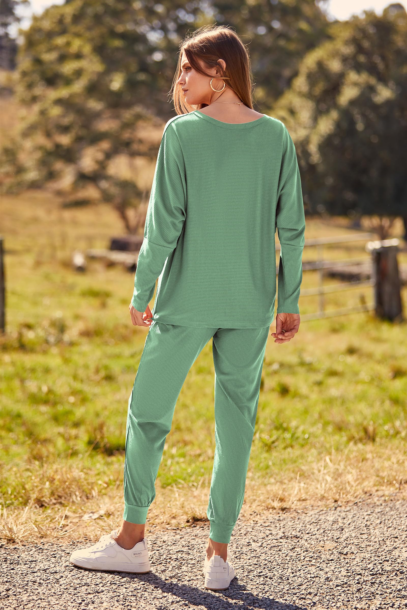 Women's 2 Piece Fall Outfits Matching Ribbed Knit Lounge Sets