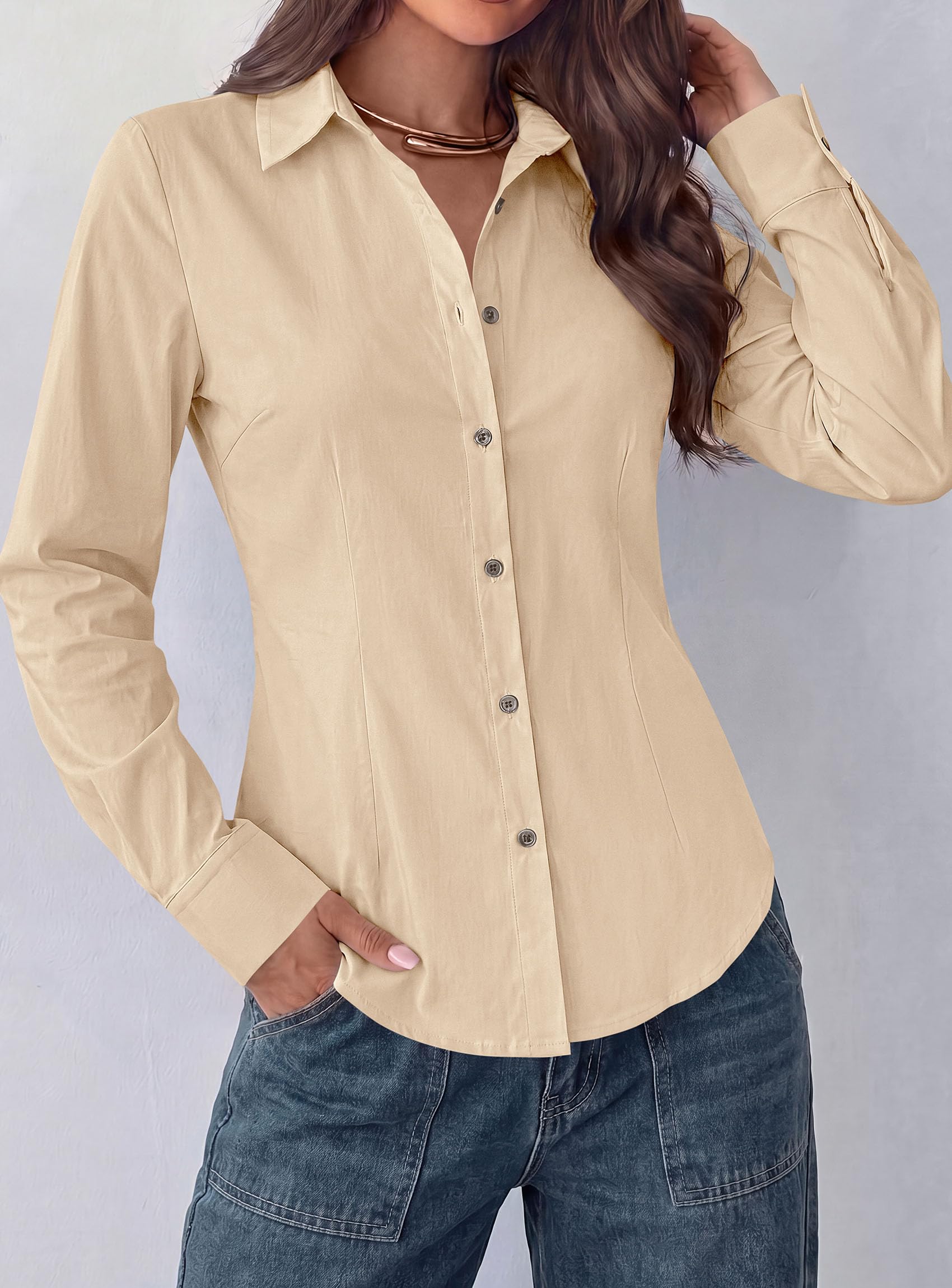 Womens Button Down Shirts Long Sleeve Blouse (Light Khaki,S)