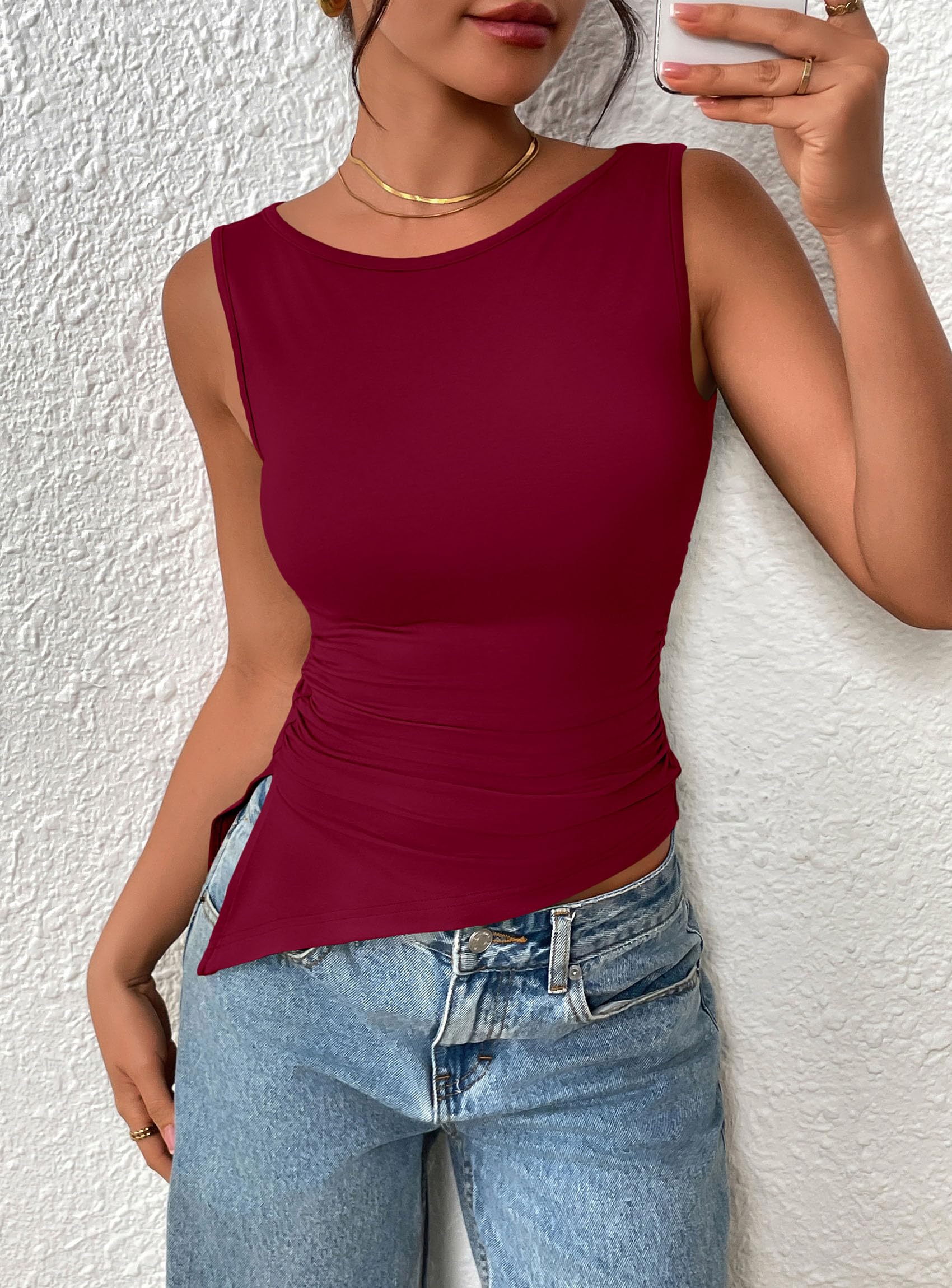 Women's Ruched Tank Tops Summer Y2K Shirts,Burgundy,S