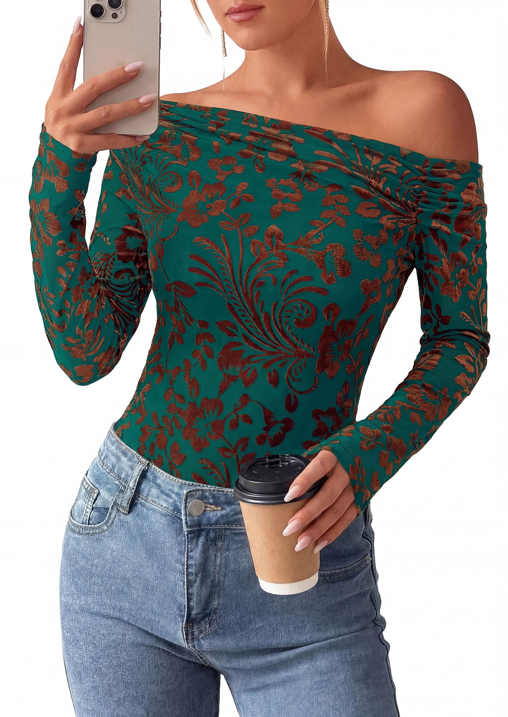 Off the Shoulder Tops for Women Fall Mesh Floral Blouses