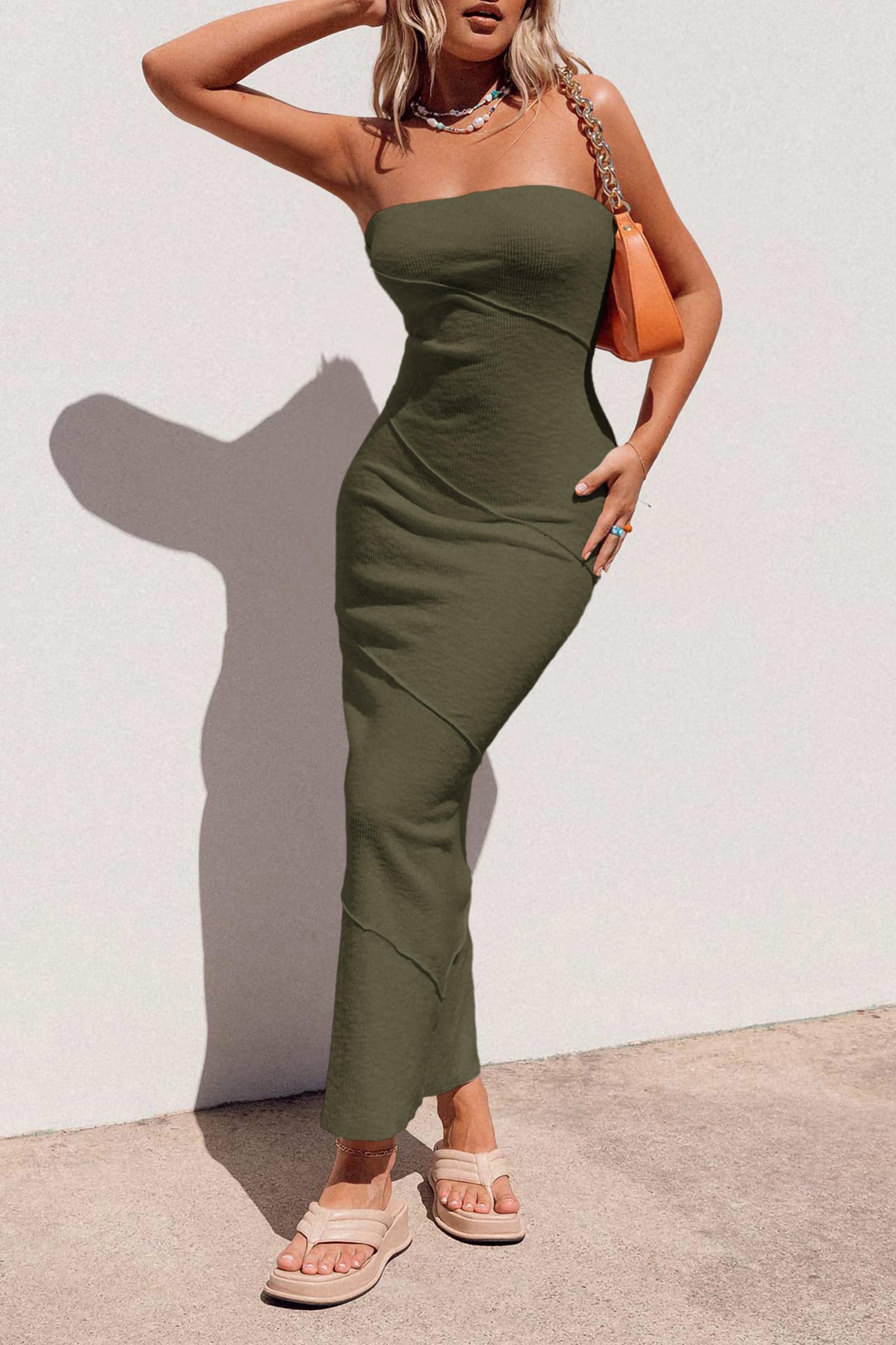 Women's Summer Strapless Bodycon Maxi Dress Army Green,X-Small