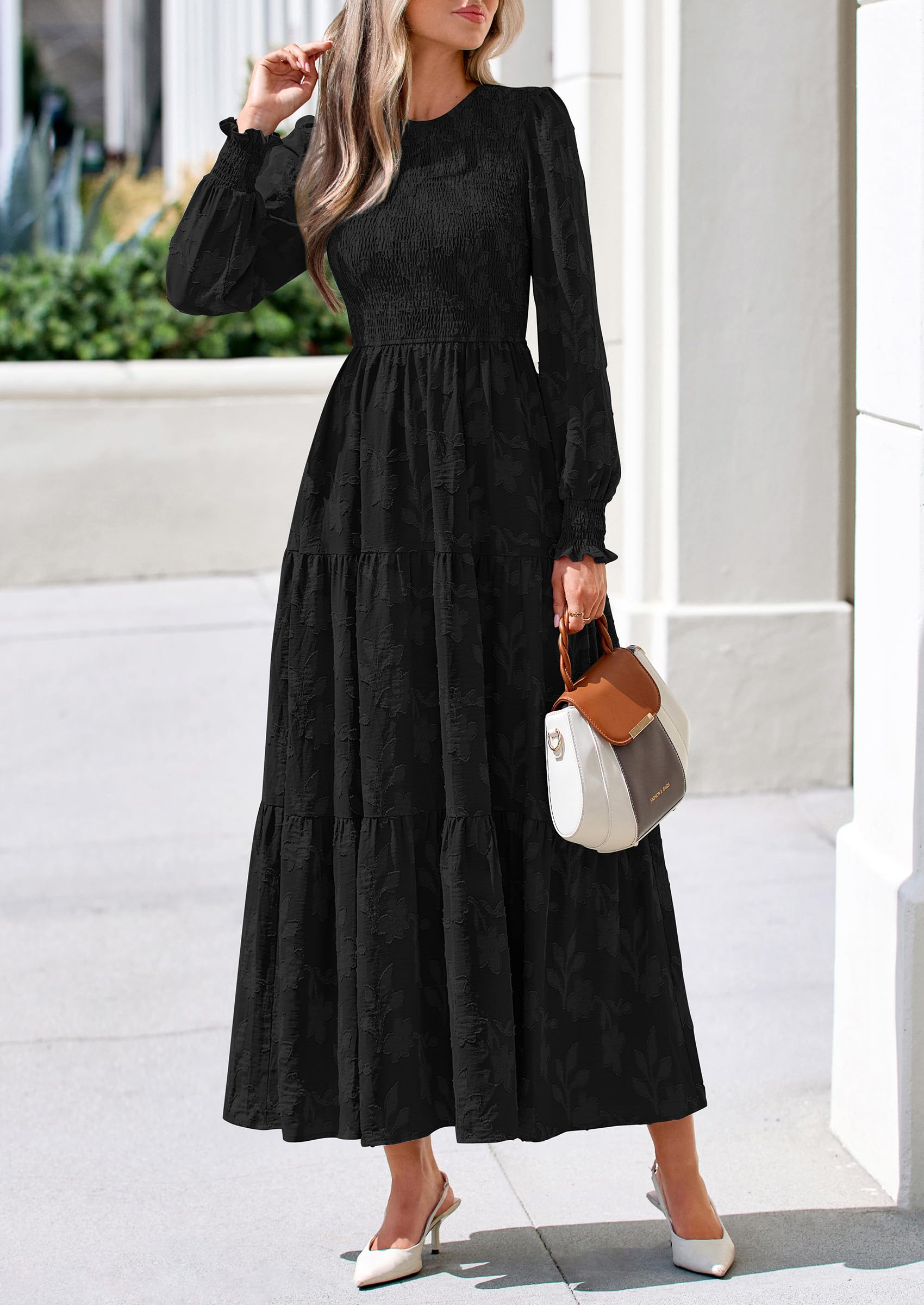 Fall Floral Long Sleeve Wedding Guest Dress for Women Pockets