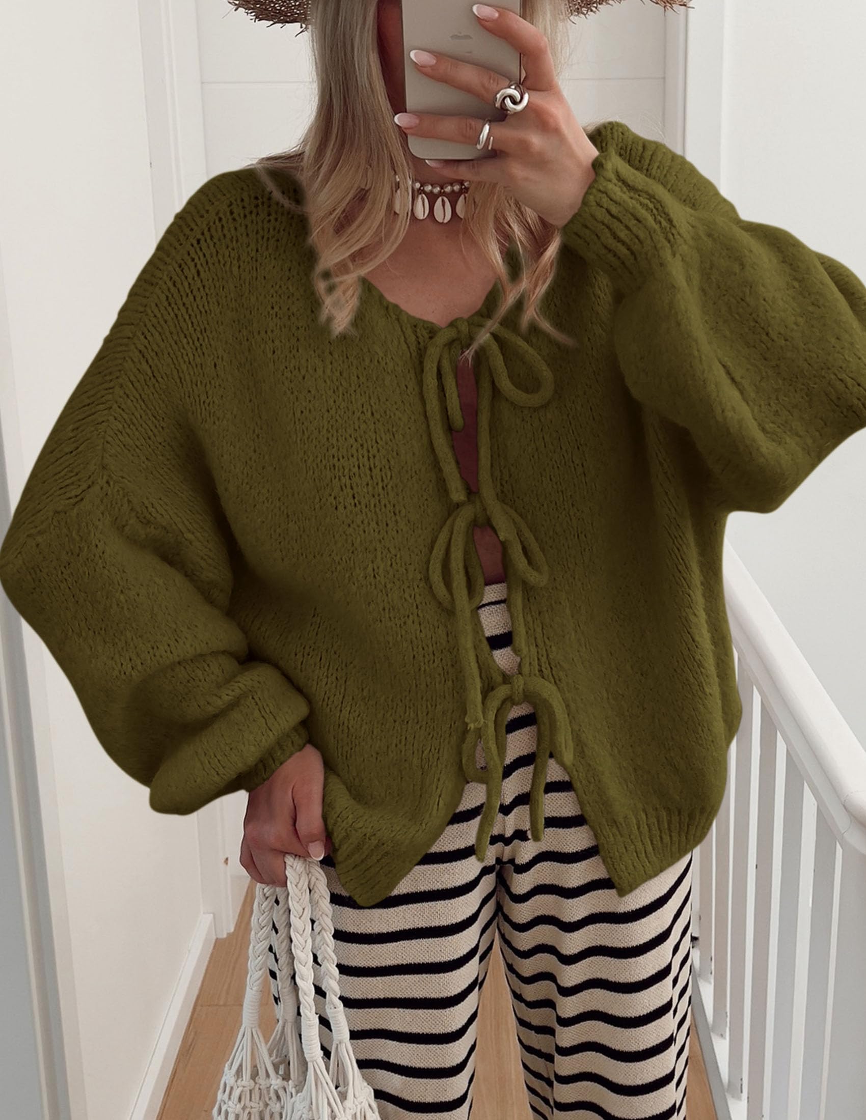 Women's Tie Front Bow Cardigan Sweaters(Army Green,Small)