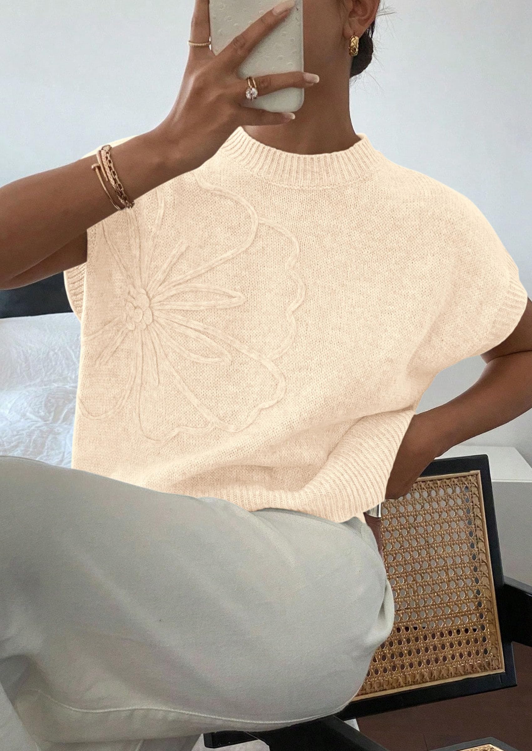 Women's Summer Short Cap Sleeve Sweater Vest (Beige,M)