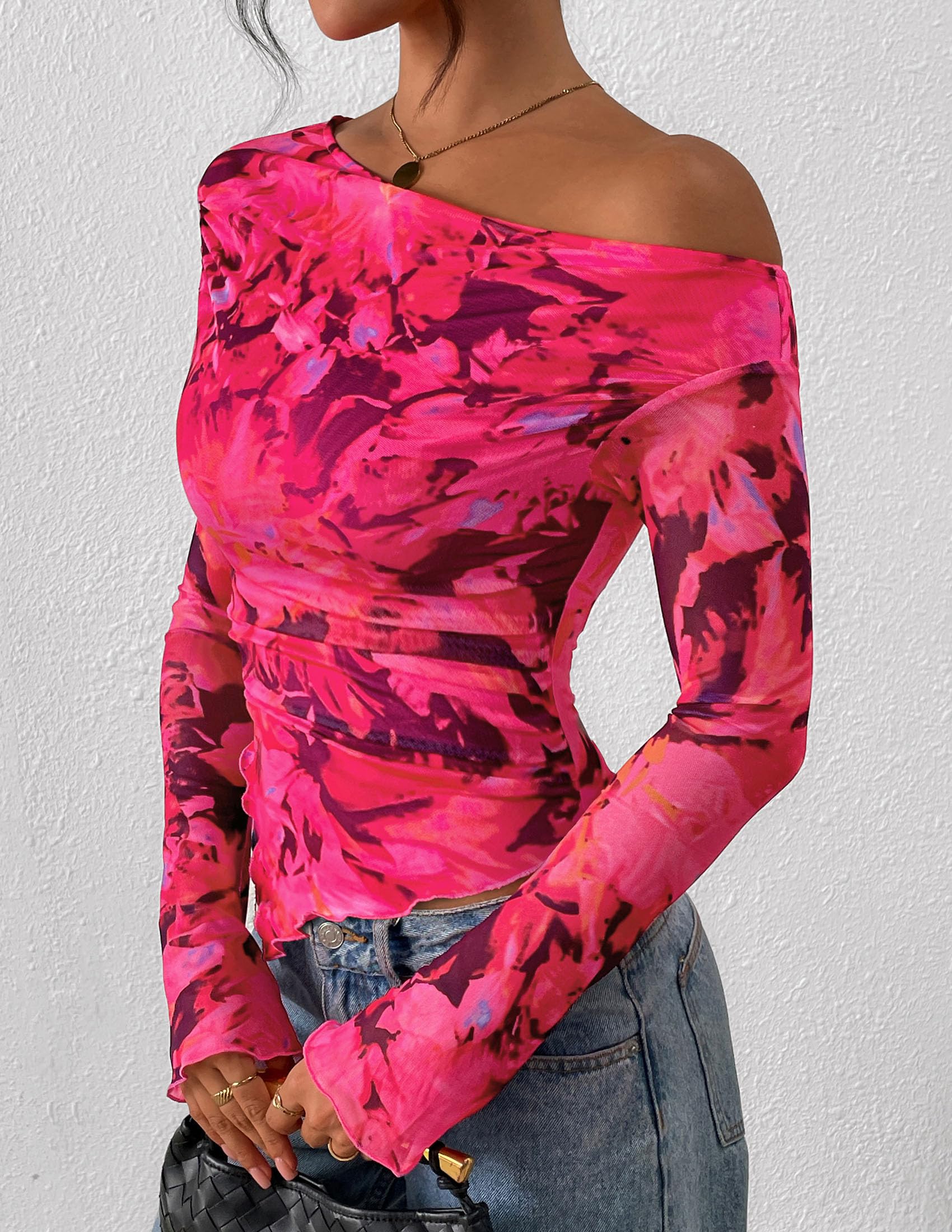 Womens Off Shoulder Mesh Y2k Tops,Floral Rose Red,XS