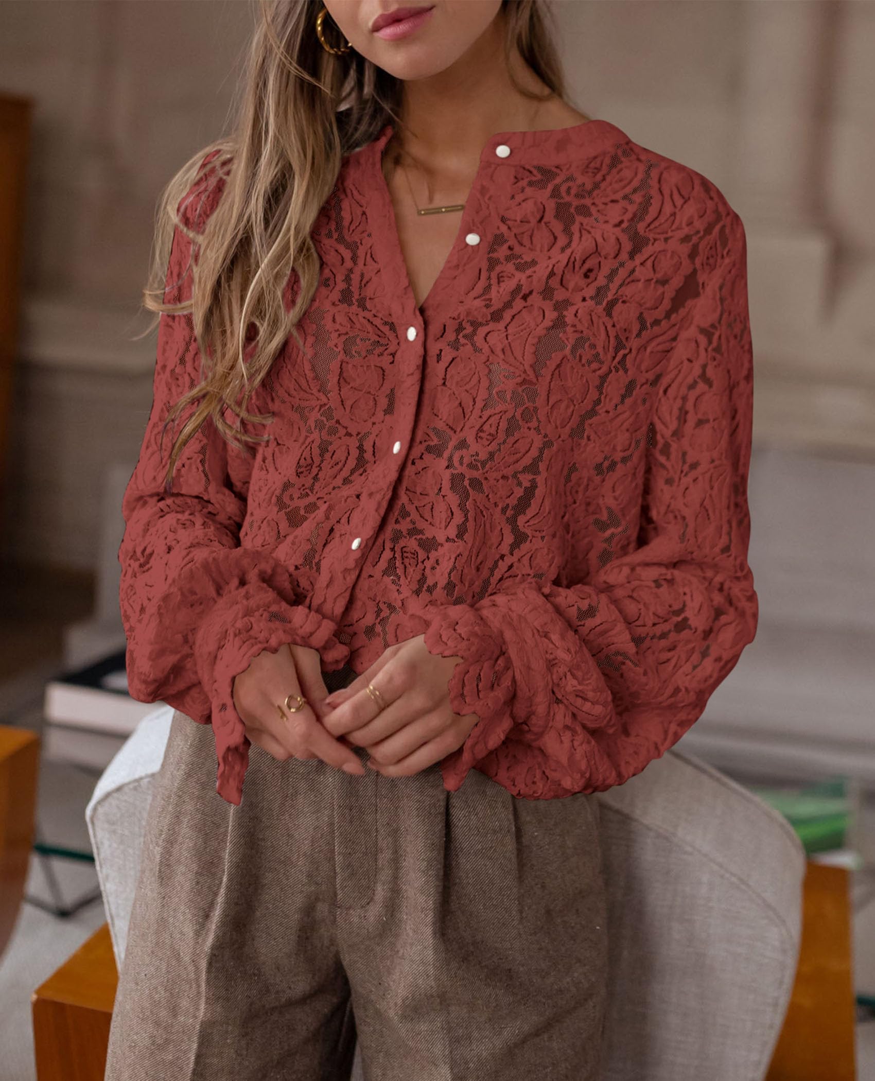 Women's Fall Trendy Long Sleeve Lace Tops(Brown Red,Small)