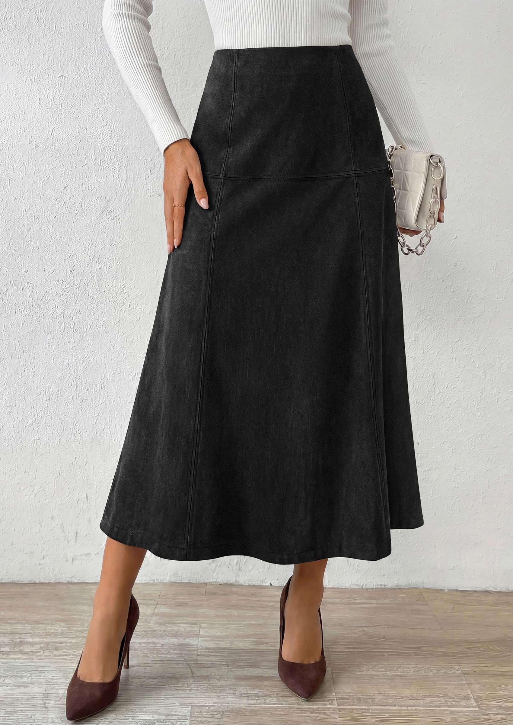 Womens High Waist Faux Suede A Line Midi Skirt,Black,S