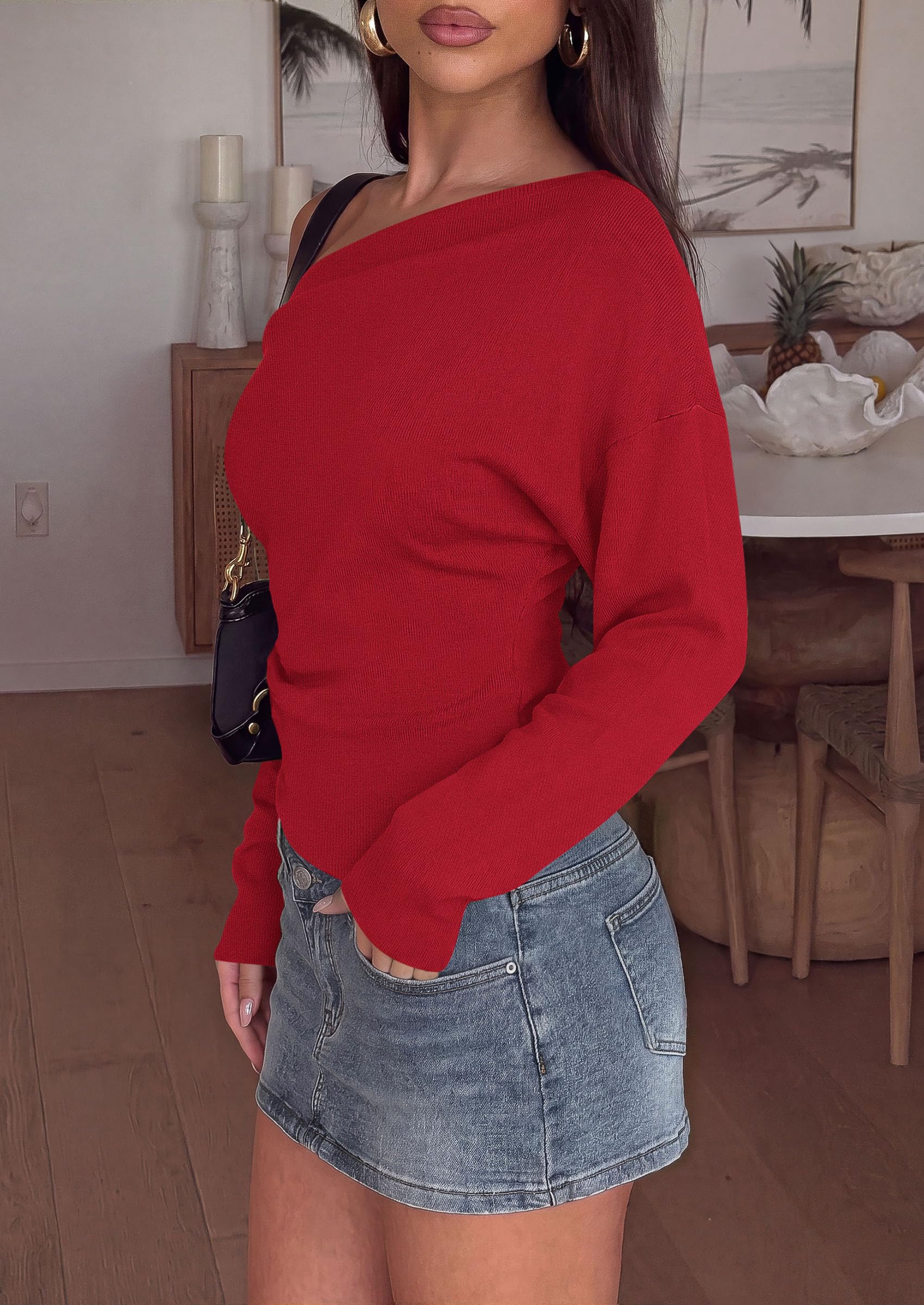 Womens Fall Long Sleeve Off Shoulder Sweater,Red,S