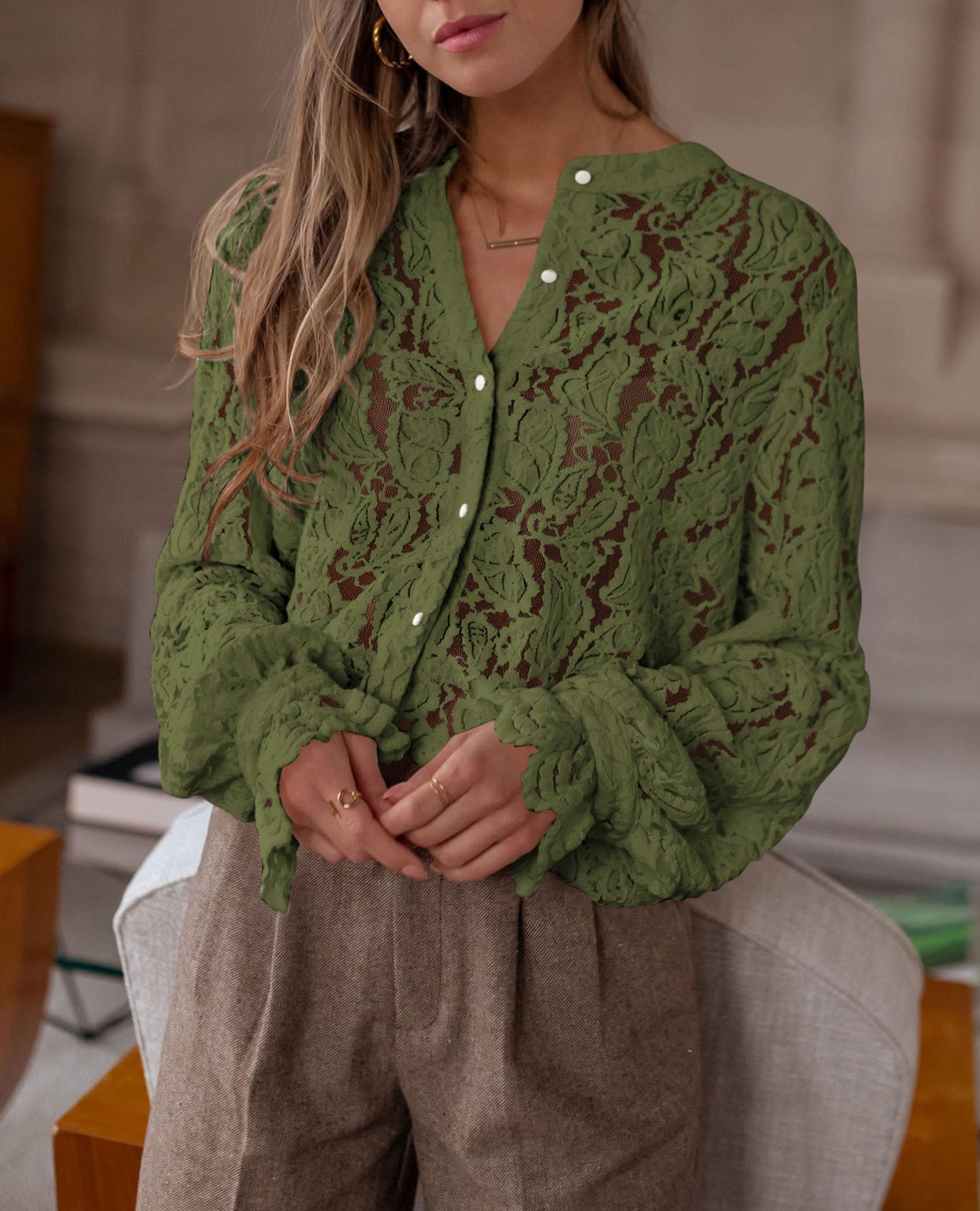 Women's Fall Trendy Long Sleeve Lace Tops(Army Green,Small)