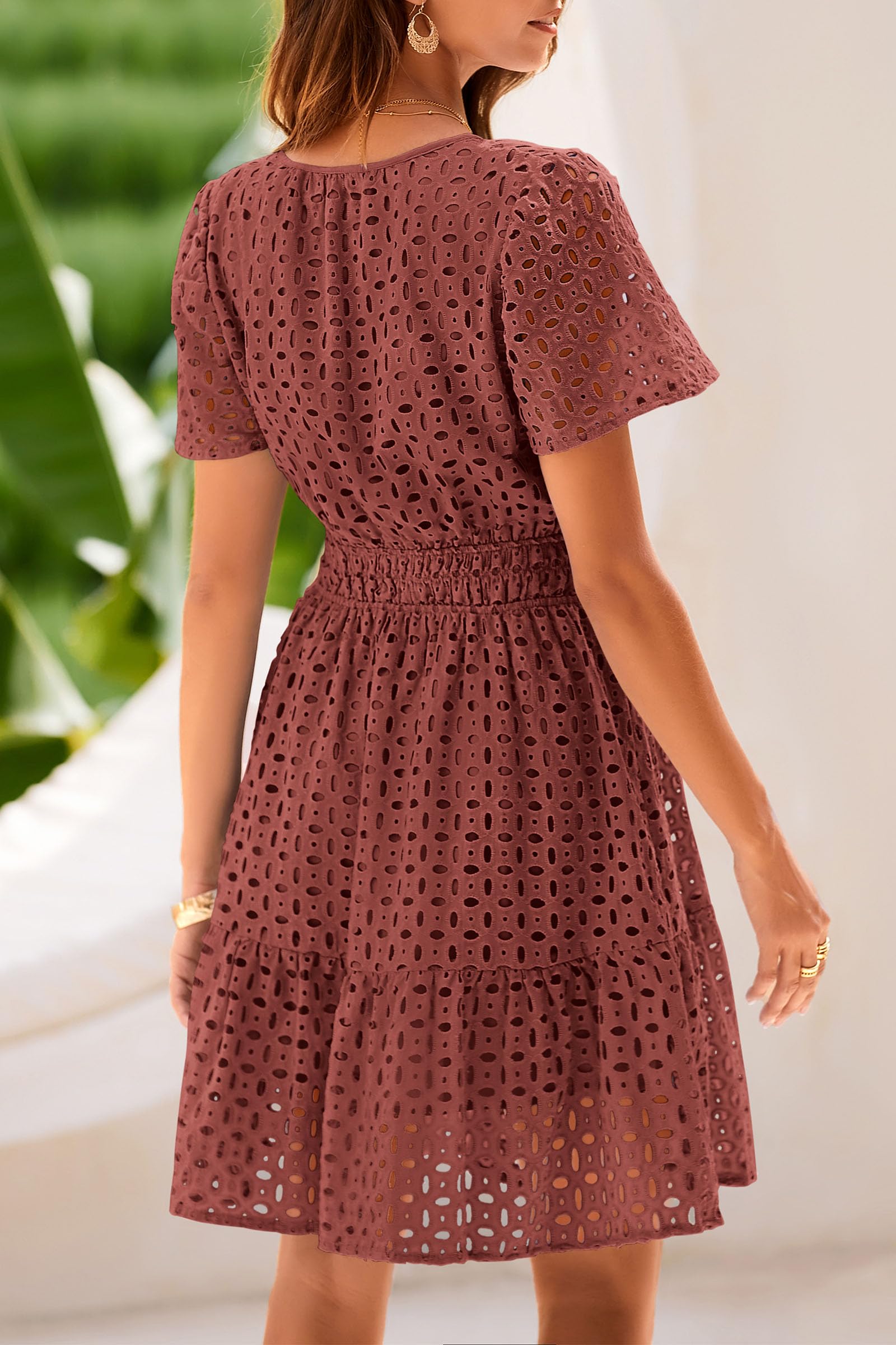 Womens 2025 Summer Short Dress V Neck Short Sleeve A Line Hollow Out Lace Ruffle Cute Casual Beach Party Dresses (Brown Red,Small)