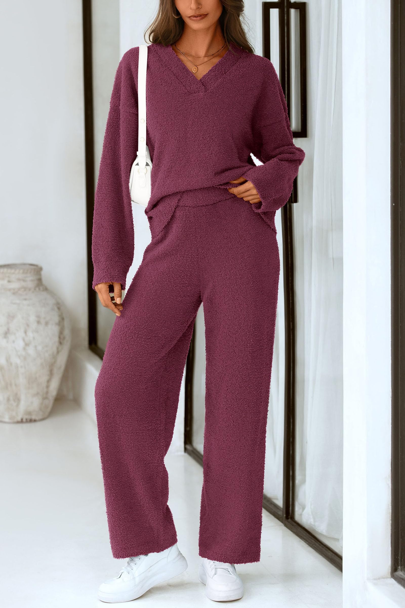 Lounge Sets for Women Fall 2 Piece Fuzzy Sweater Pajama Set