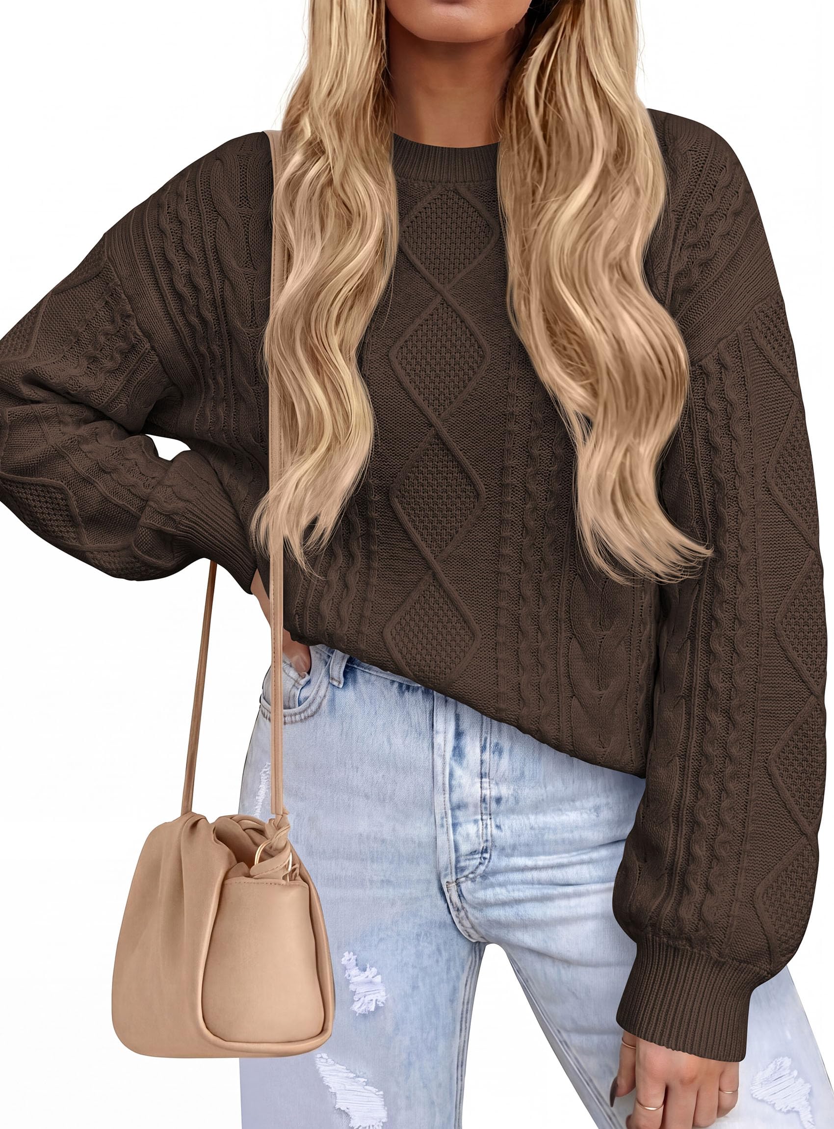 Women's Crewneck Cable Knit Sweater Pullover Tops Coffee