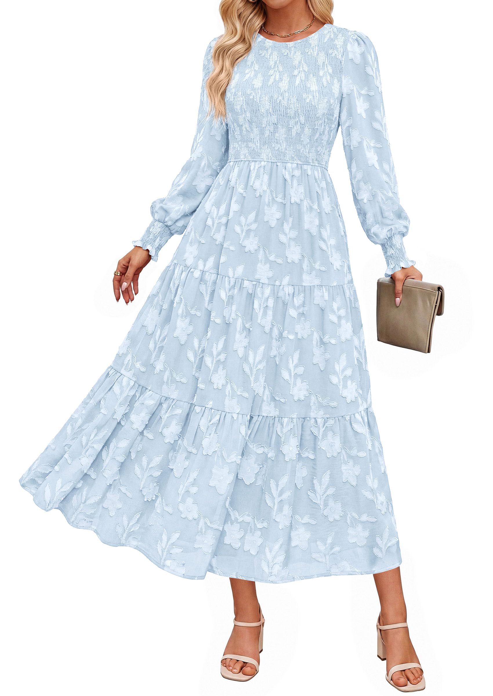 Fall Floral Long Sleeve Wedding Guest Dress for Women Pockets
