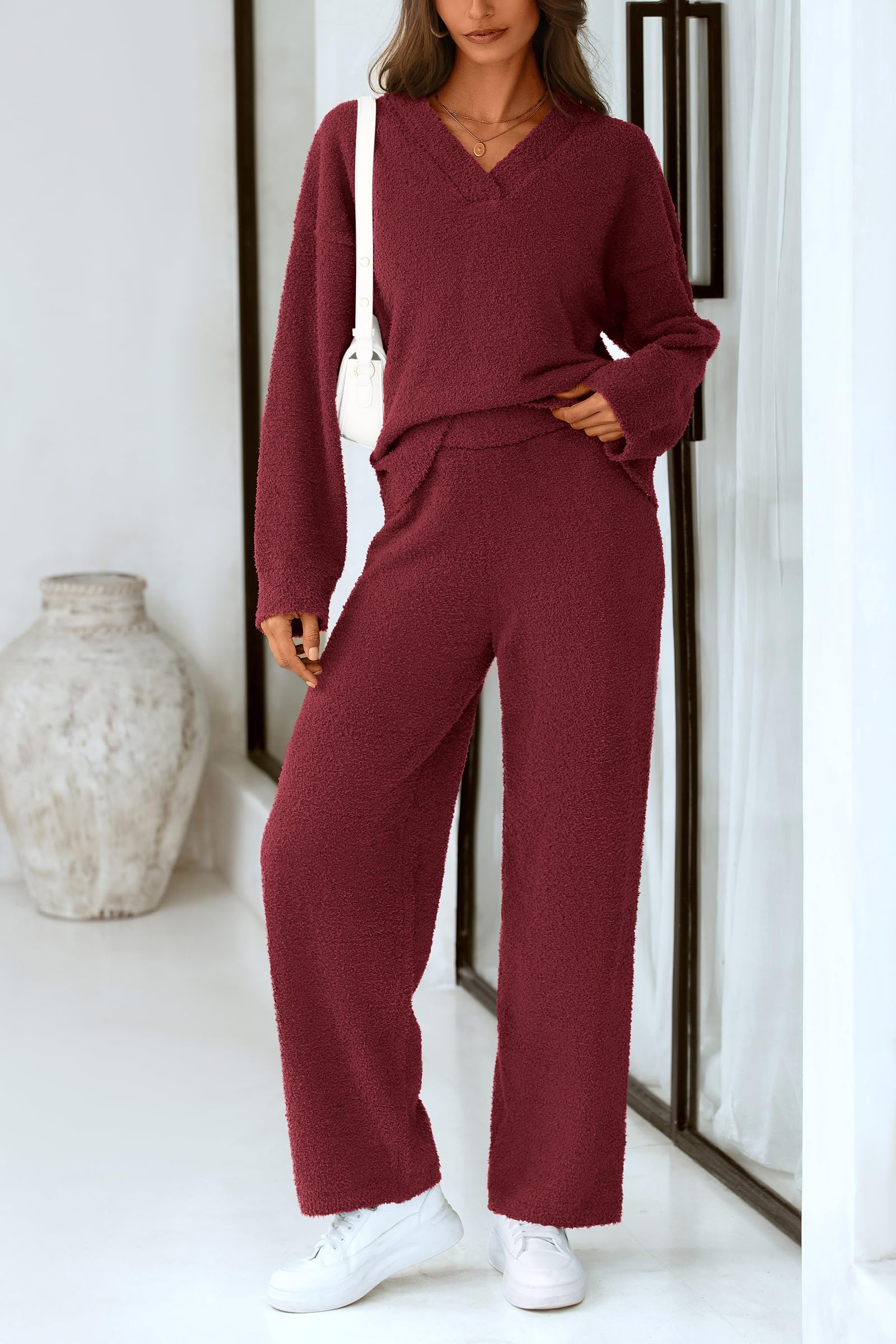Lounge Sets for Women Fall 2 Piece Fuzzy Sweater Pajama Set