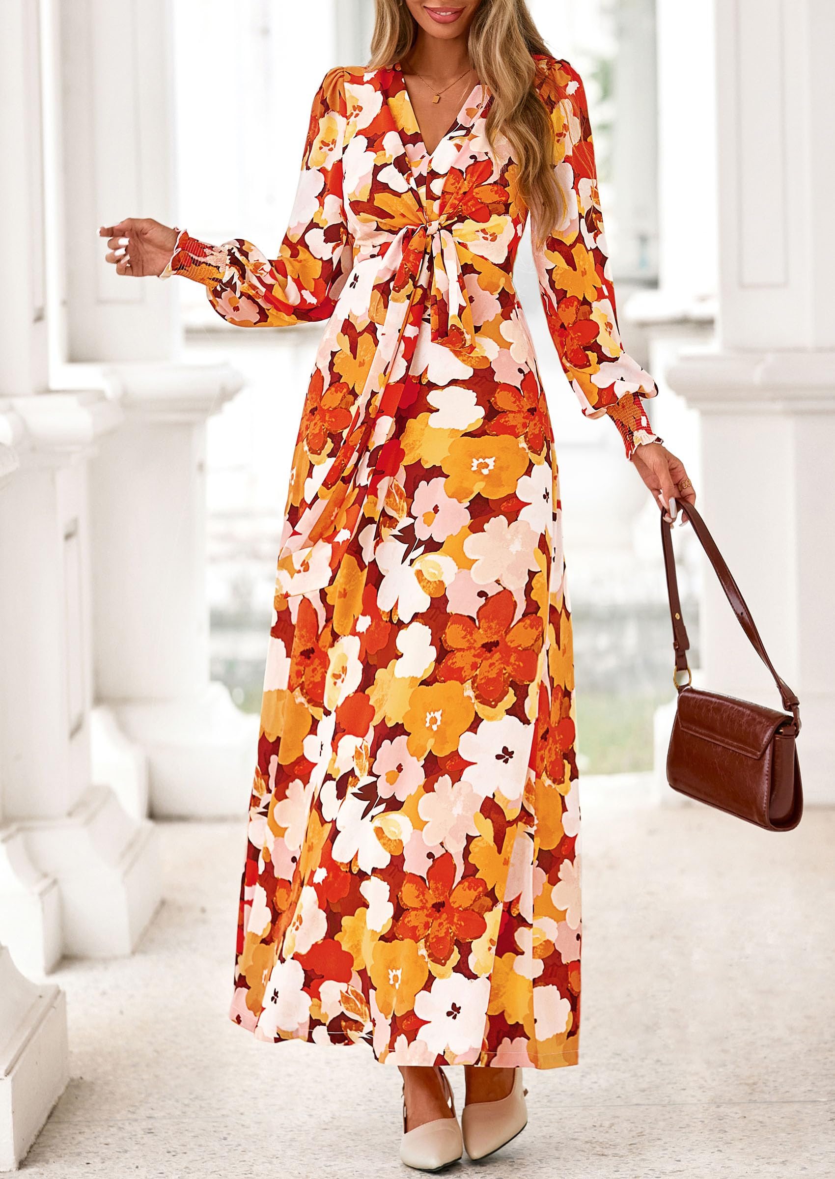 Women's Tie Waist Floral Maxi Dress,Floral Orange,S