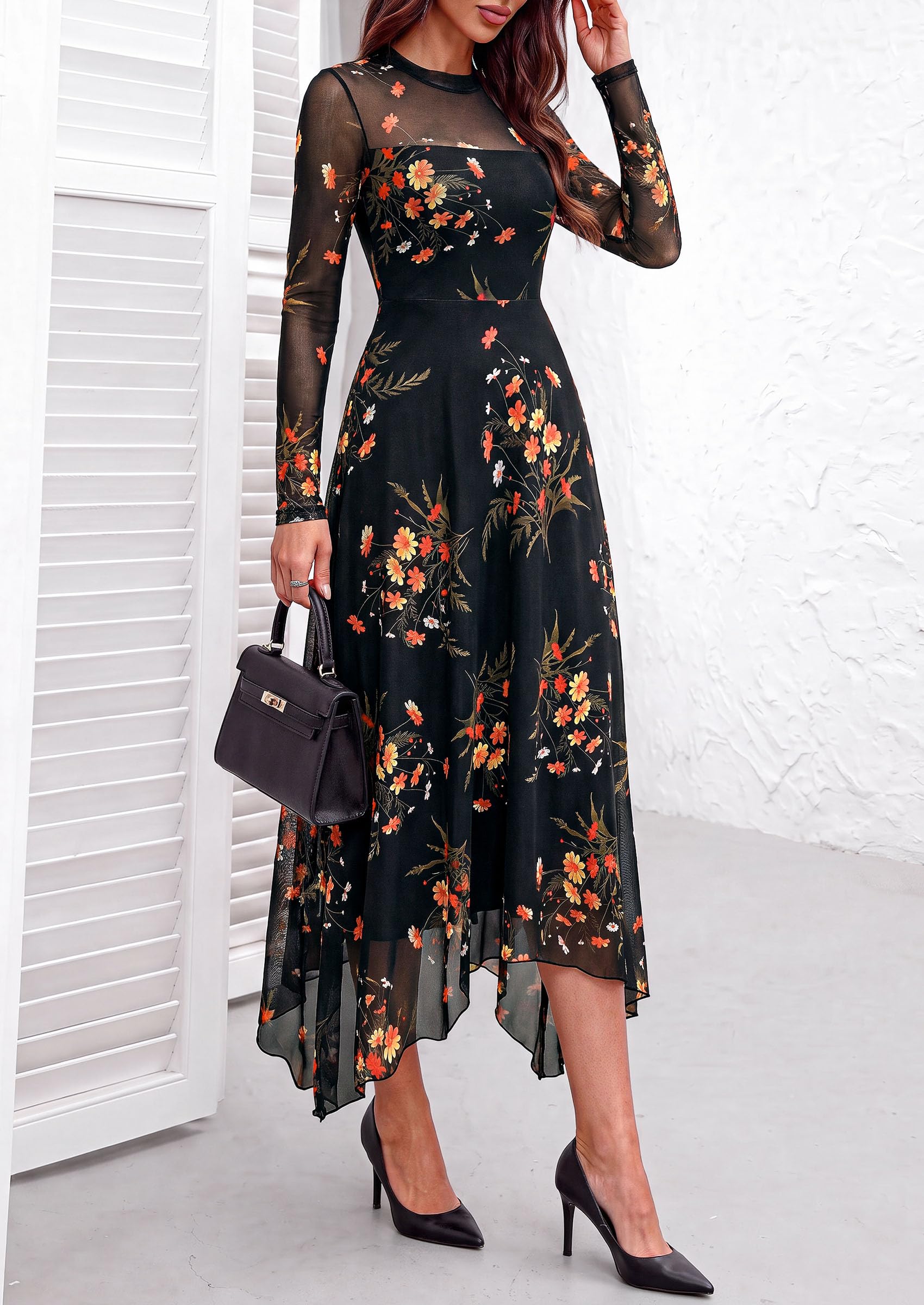 Women's Floral Mesh Midi Dress,Floral Black Yellow,L