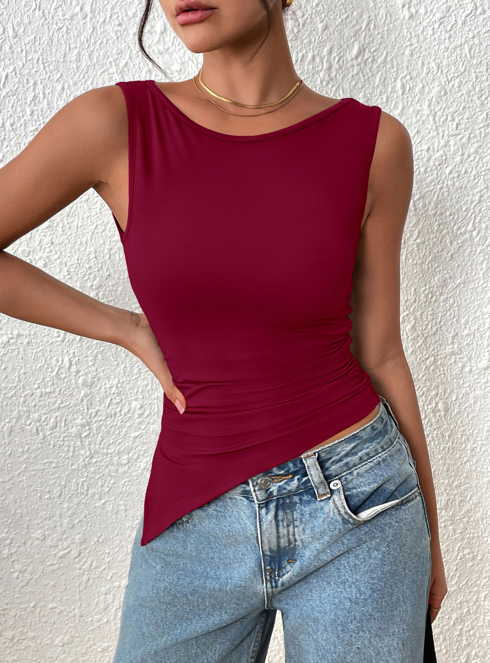 Women's Ruched Tank Tops Summer Y2K Shirts,Burgundy,S