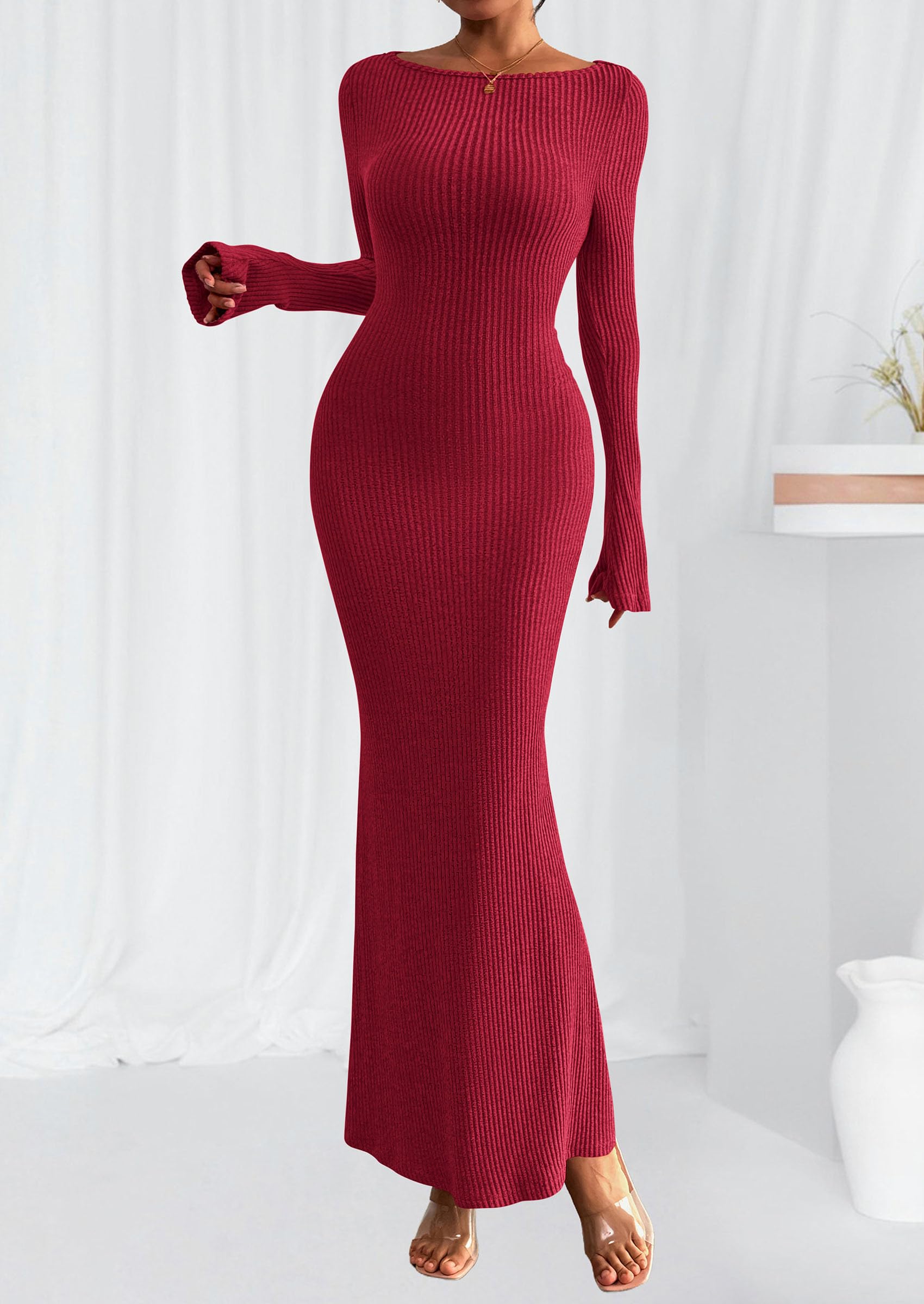 Women's Fall Long Sleeve Bodycon Maxi Dresses (Red,XS)