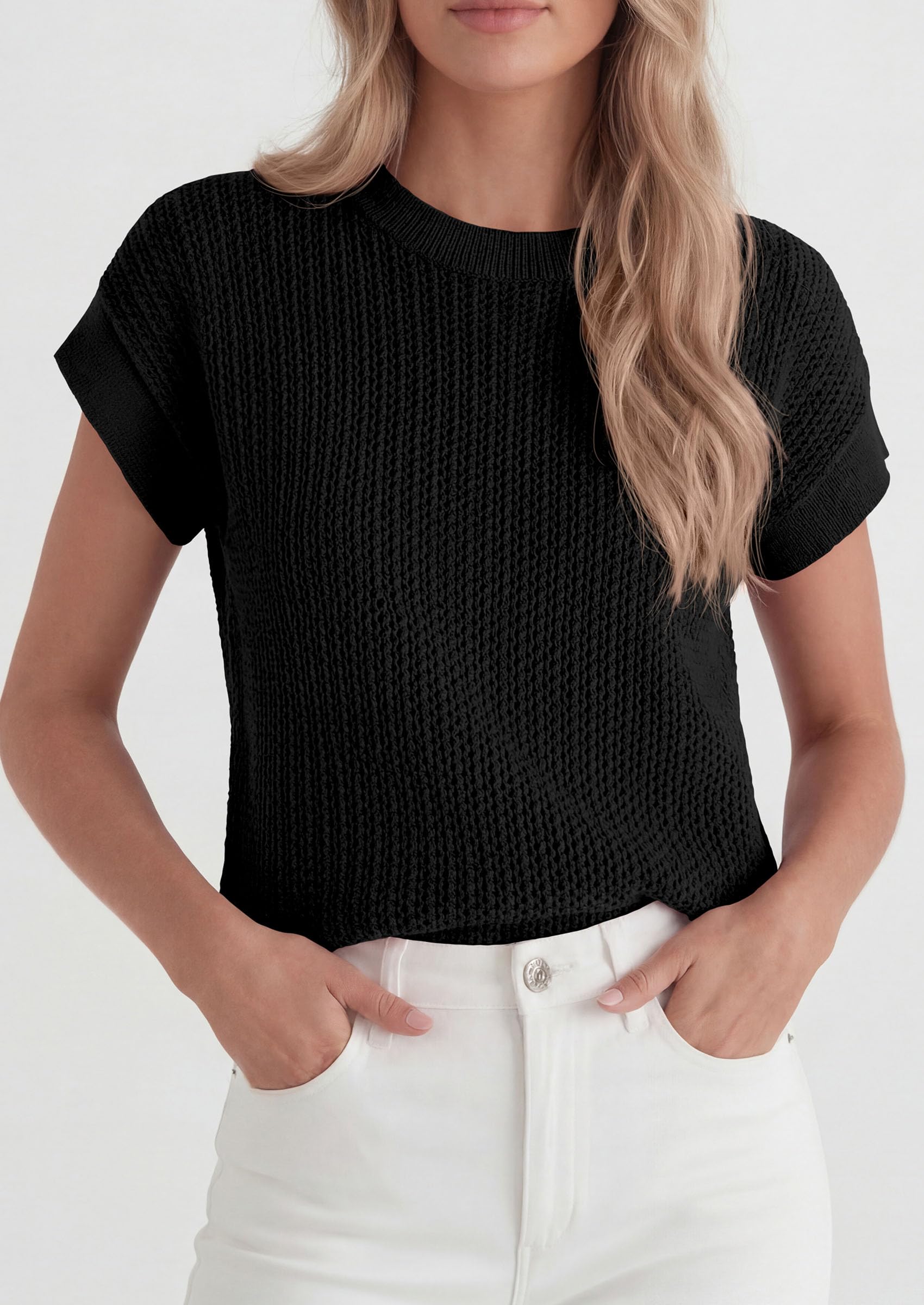 Women's Summer Sweater Vest Crochet Tops (Black,S)