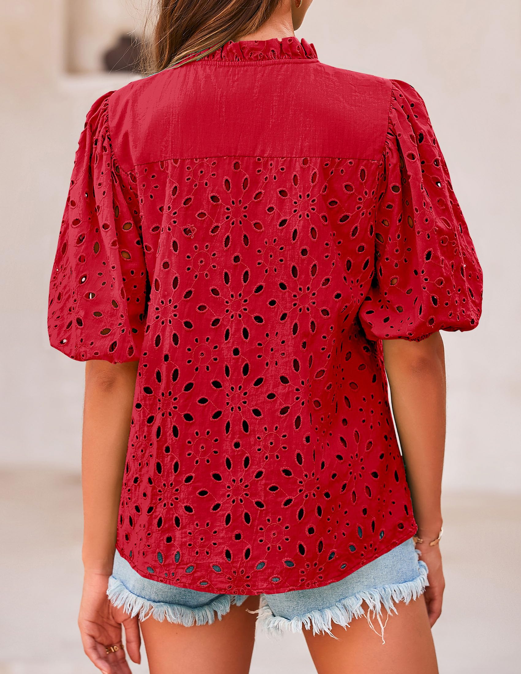 Womens Tops Boho Eyelet Puff Sleeve Blouse, Red,S