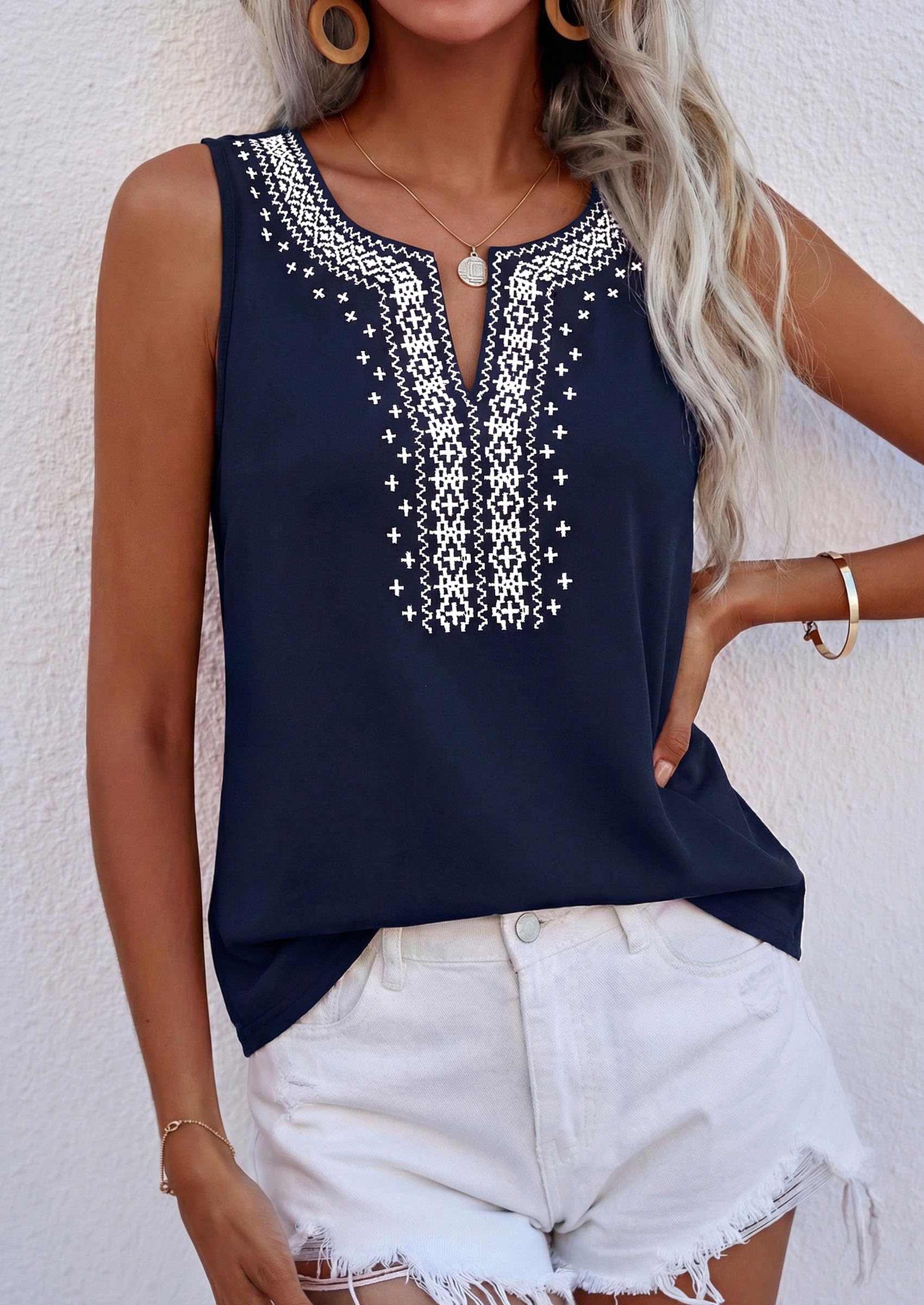 Womens Embroidered Sleeveless Tank Tops Navy,S