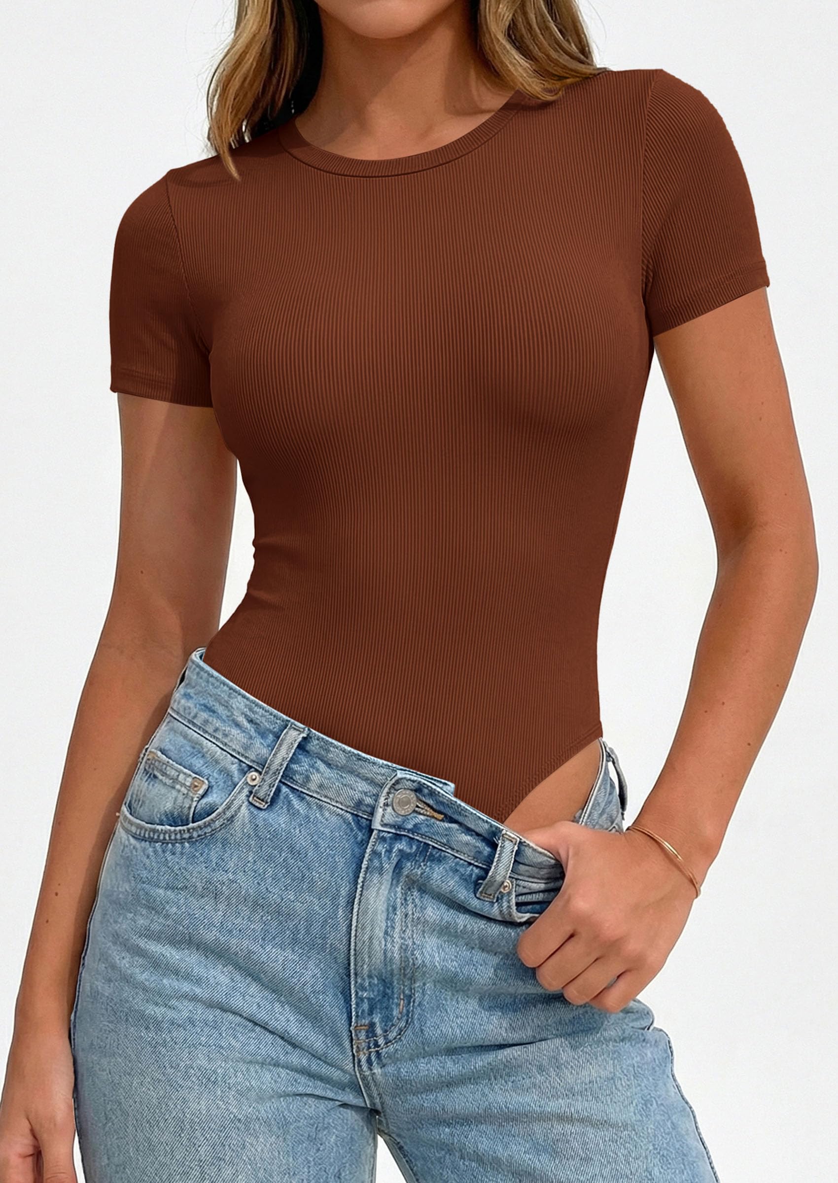 Body Suits for Womens Short Sleeve Summer Tops, Camel,XS