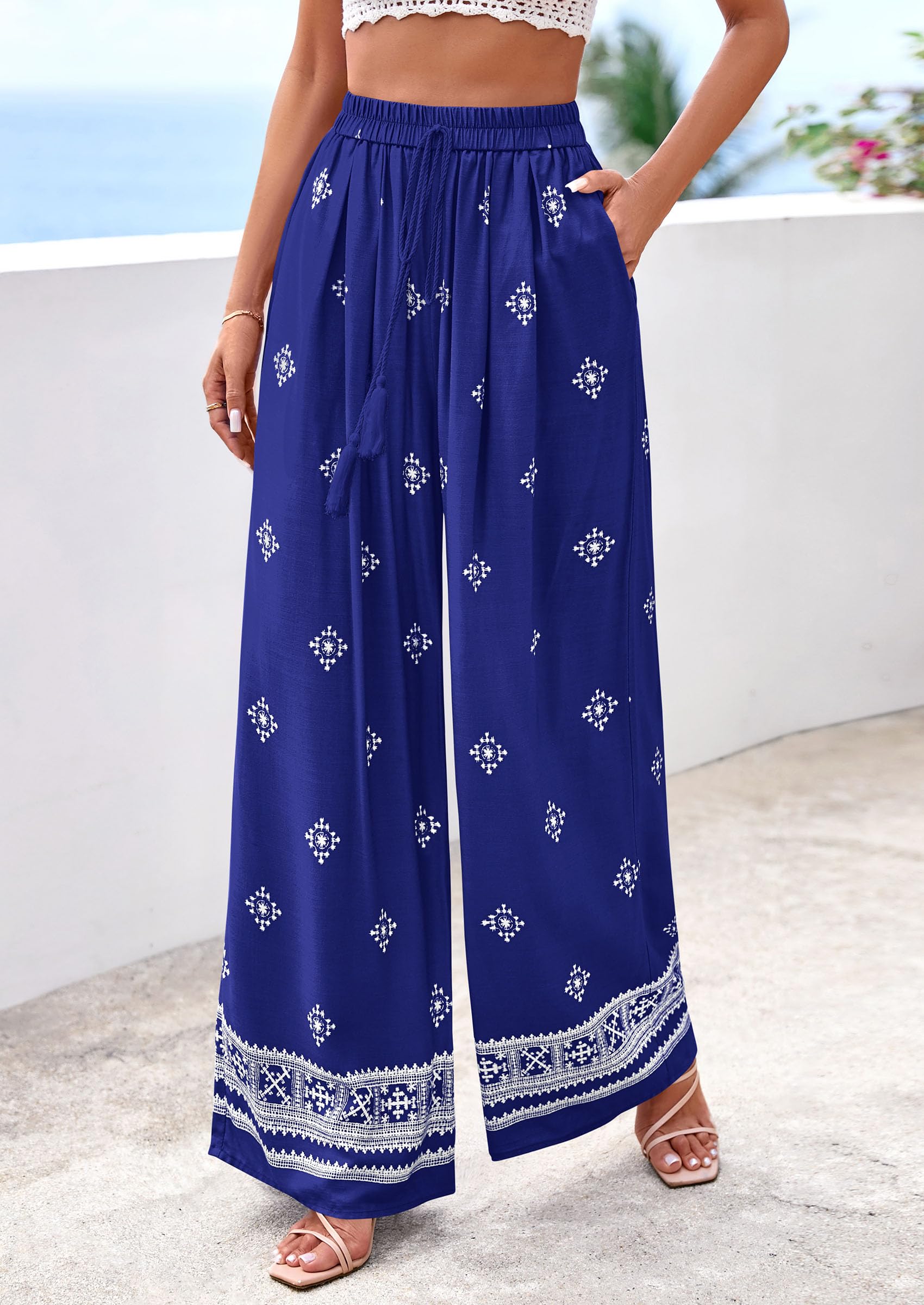 Wide Leg Flowy Boho Pants for Women, Royal Blue,S