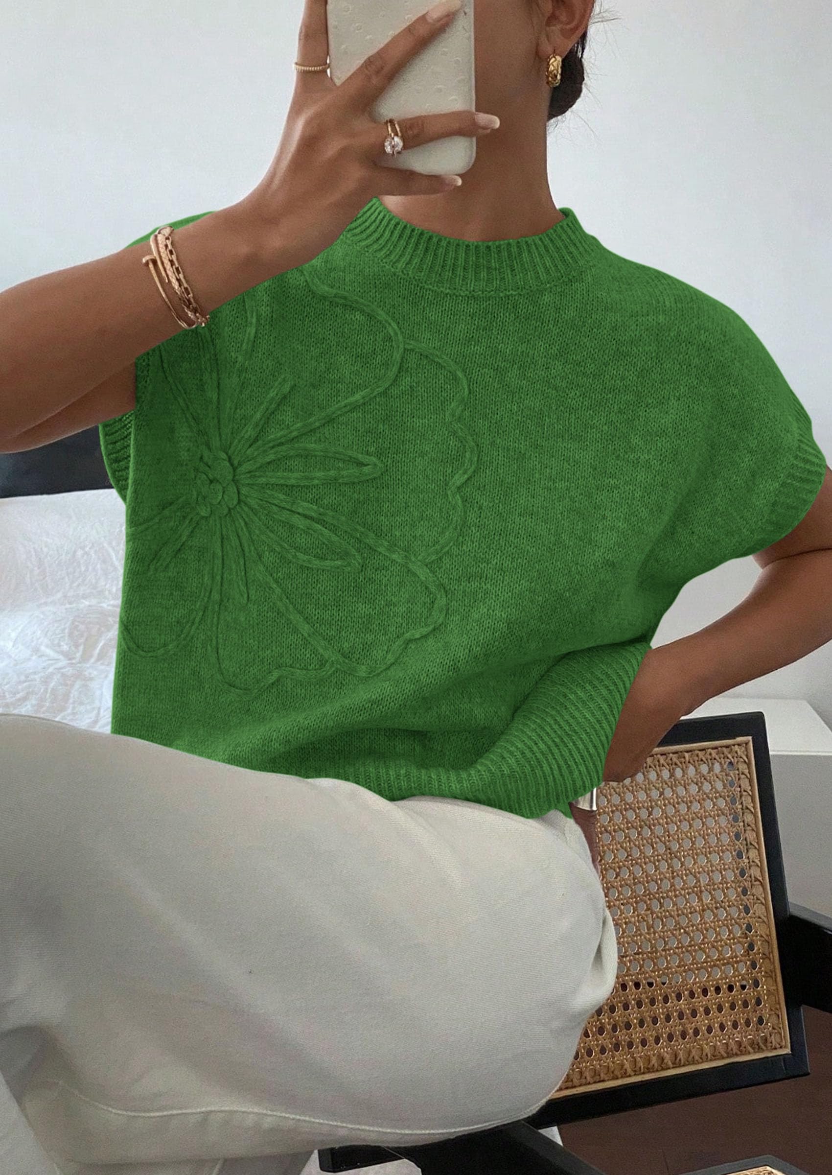 Women's Summer Short Cap Sleeve Sweater Vest (Green,S)