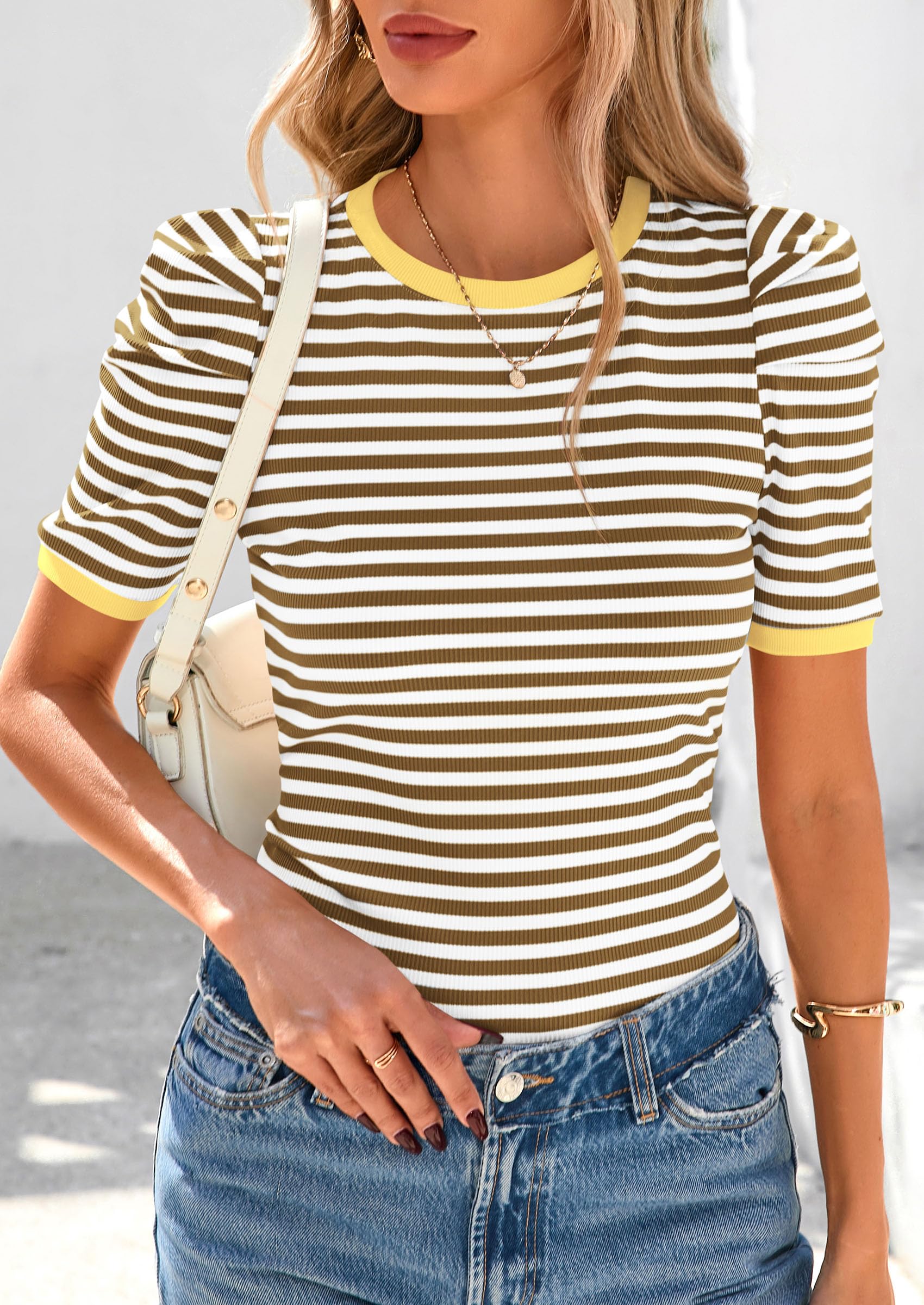 Ribbed Puff Short Sleeve Tops for Women Striped Shirt Khaki,XS