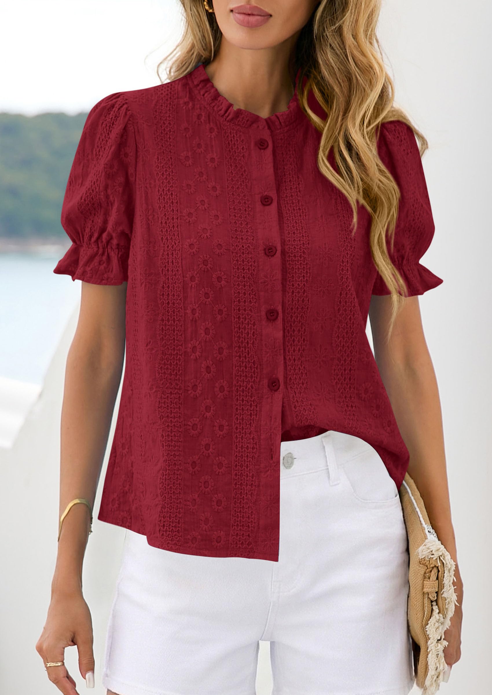 Womens Embroidered Puff Short Sleeve Tops,Wine Red,S