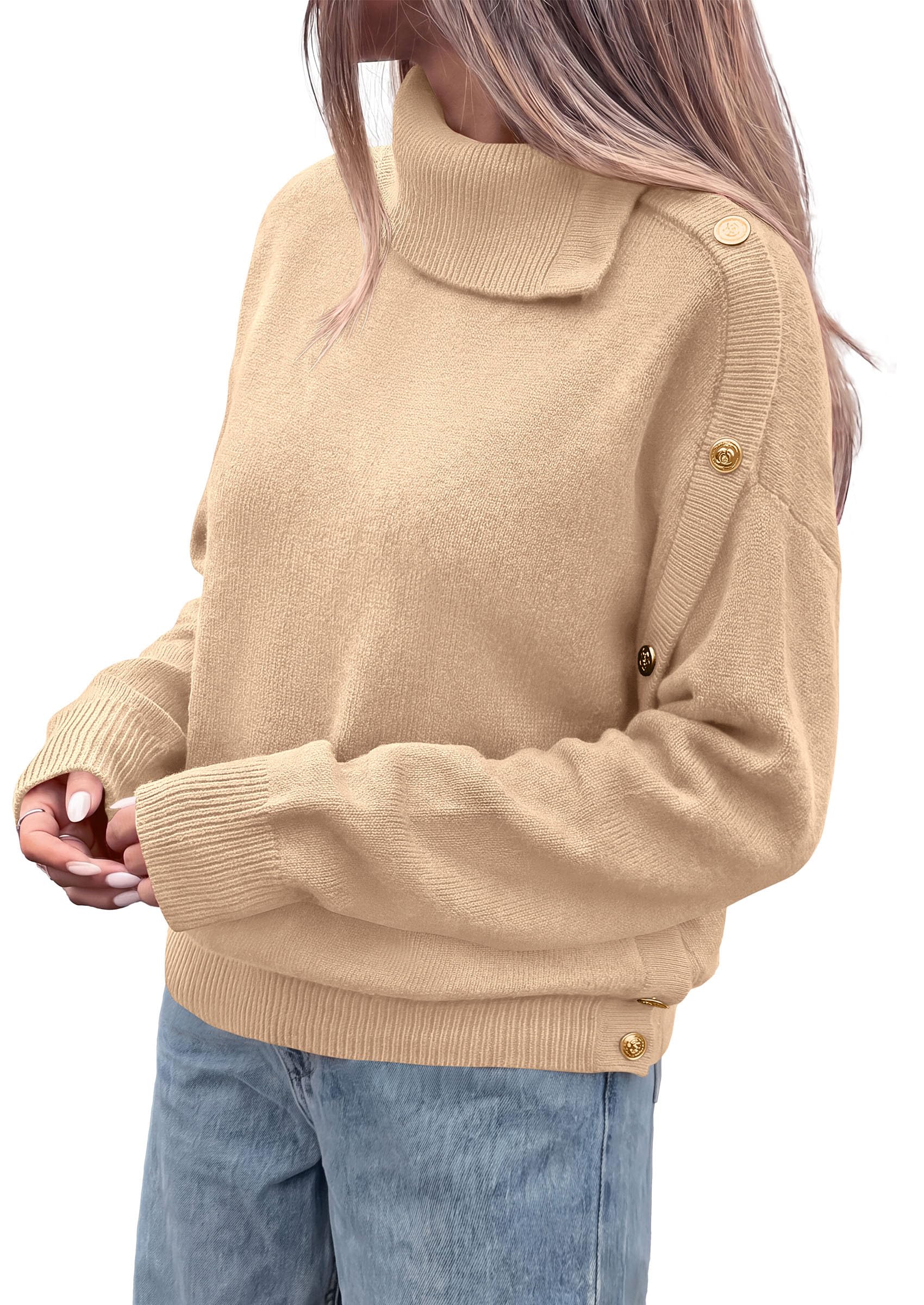 Womens Turtleneck Sweater Pullover Side Button Fall Clothes