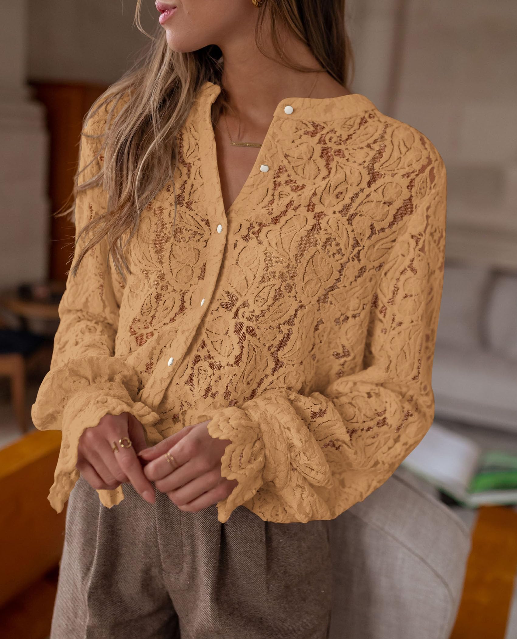Women's Fall Trendy Long Sleeve Lace Tops(Khaki,Small)
