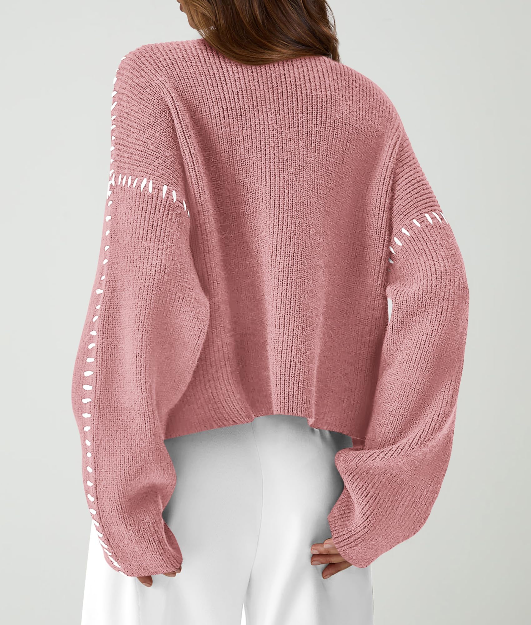 Womens Chunky Knit Oversized Pullover Sweaters,Grey Pink,S