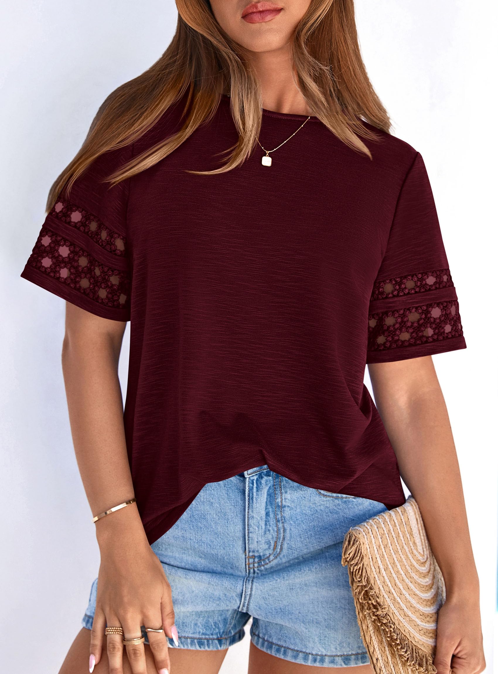 Women's Summer Short Sleeve Lace Trim T-Shirts,Burgundy,S