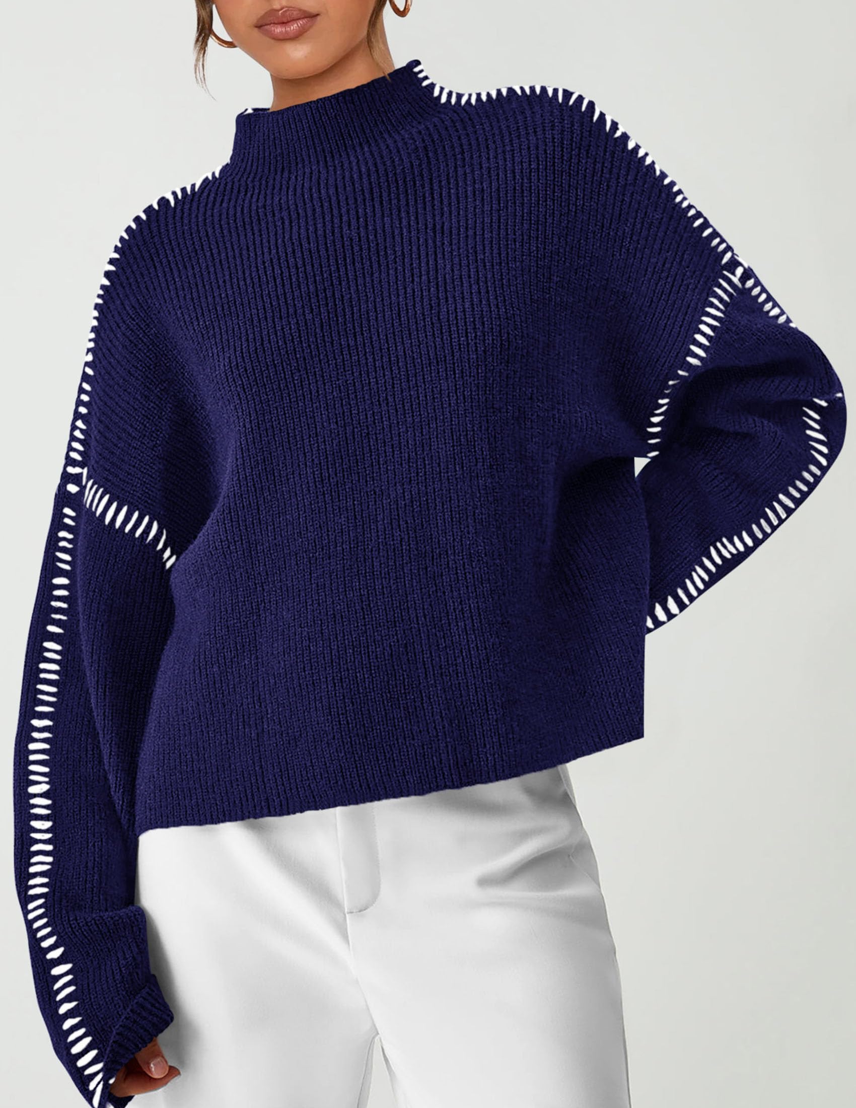 Womens Chunky Knit Oversized Pullover Sweaters,Navy Blue,S