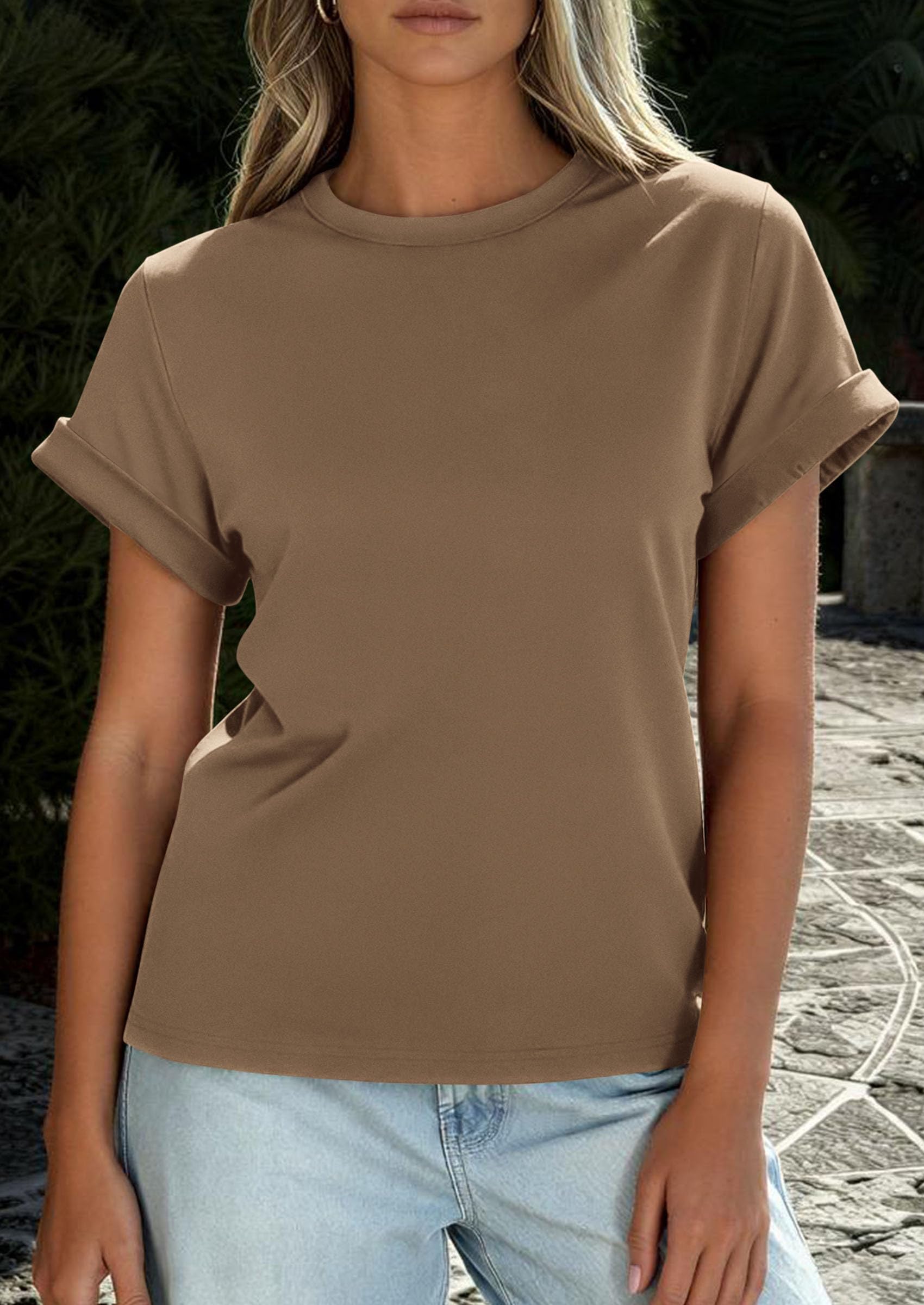 Womens Summer Tops Short Sleeve Shirts,Khaki,M