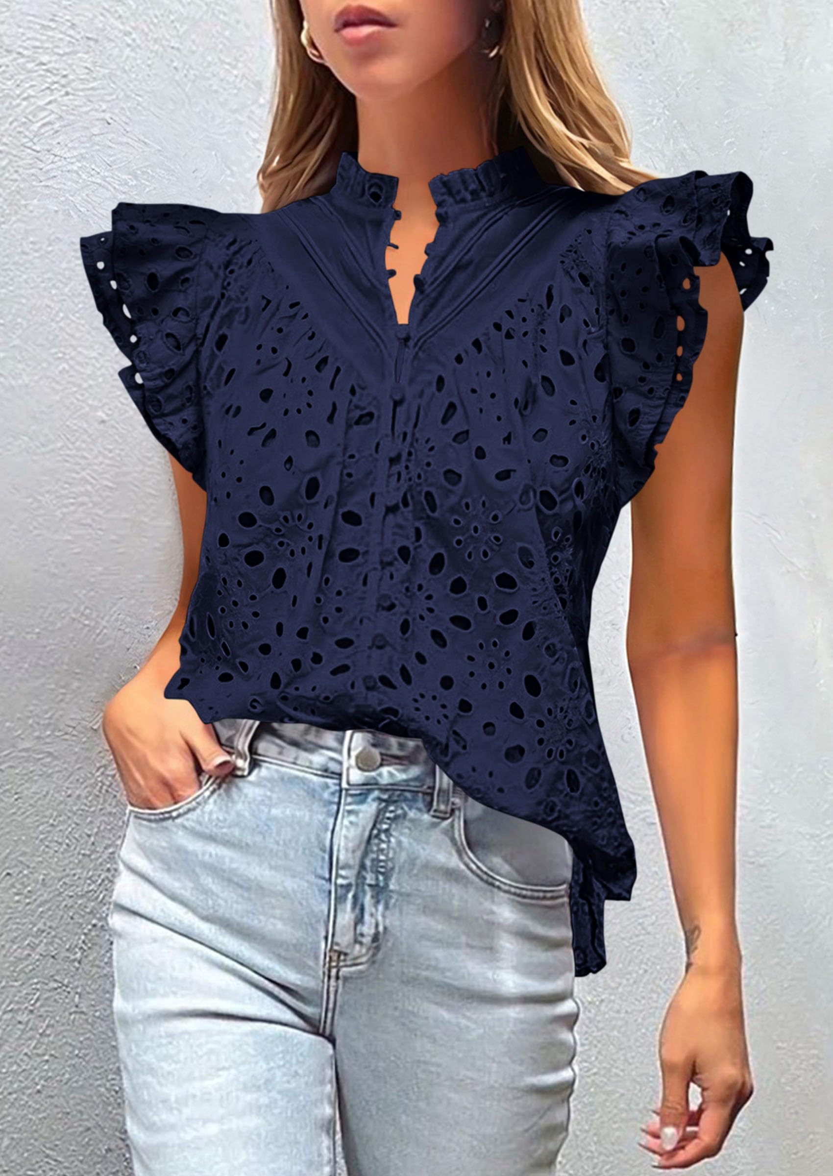 Women's Eyelet V Neck Summer Tops Dressy Casual Navy,S