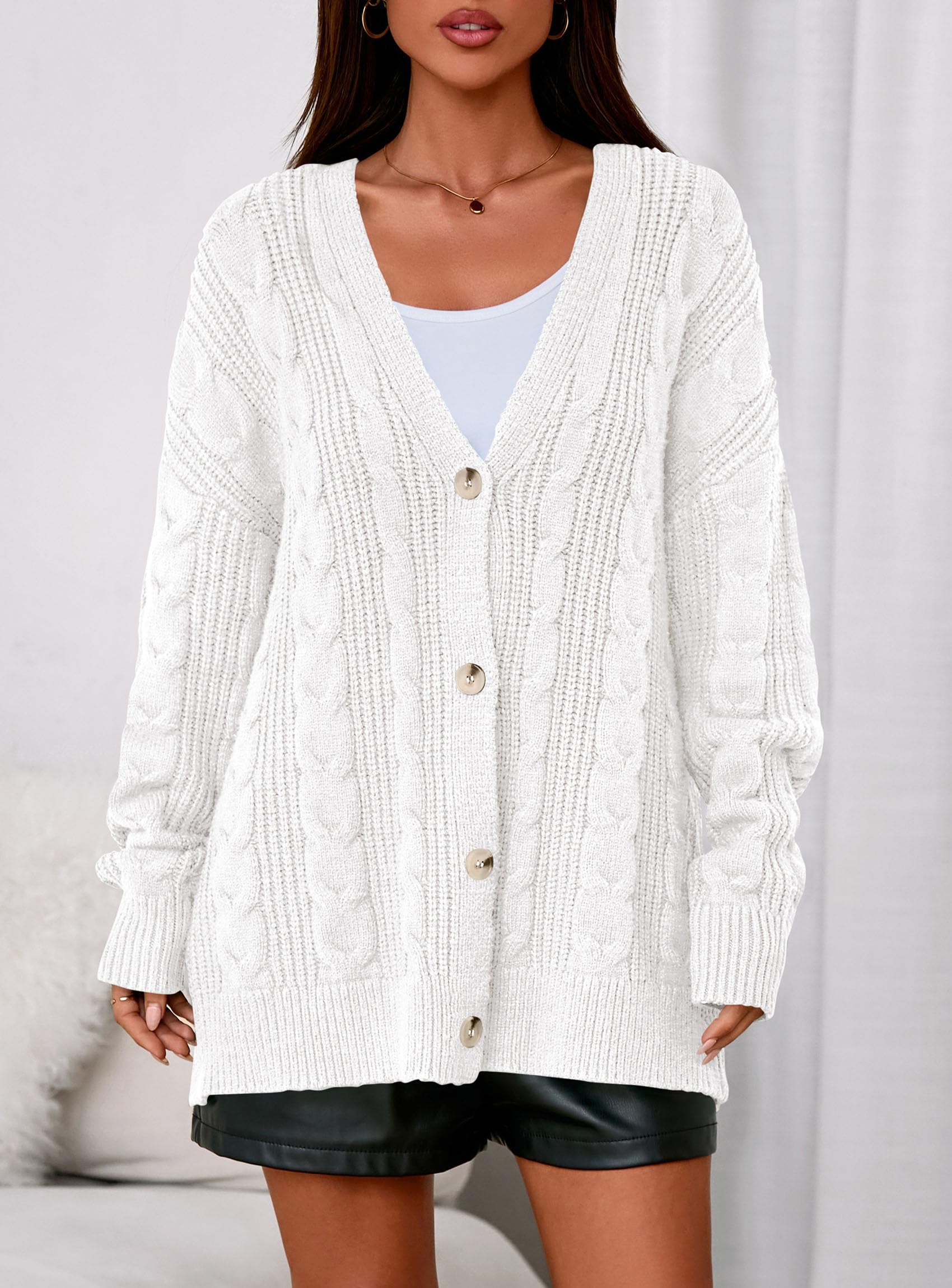 Womens Chunky Cardigan Sweaters 2025 Fall Oversized Cable Knit Long Sleeve Open Front Cardigans Winter Clothing (White,X-Large)