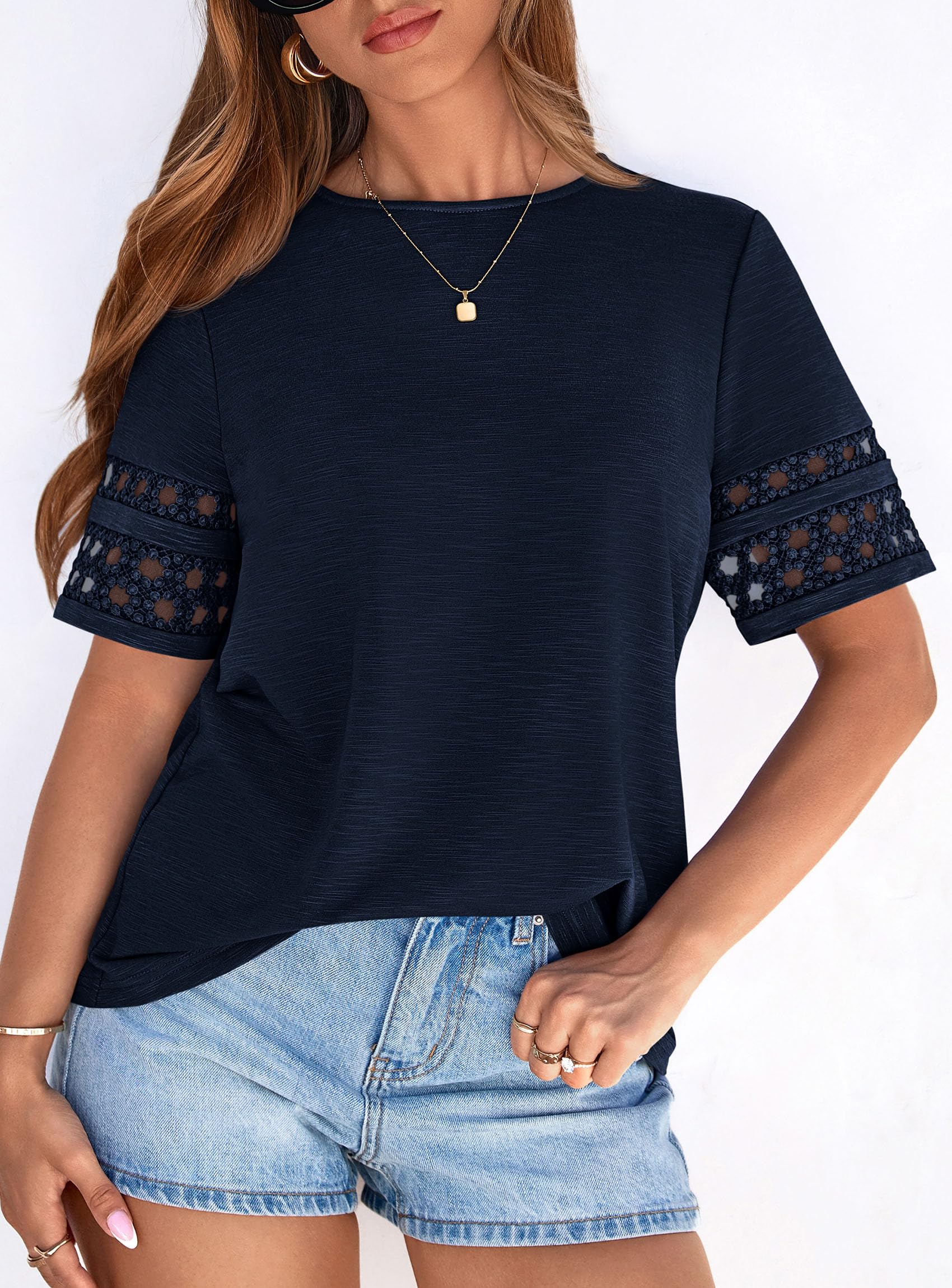 Women's Summer Short Sleeve Lace Trim T-Shirts,Navy Blue,S
