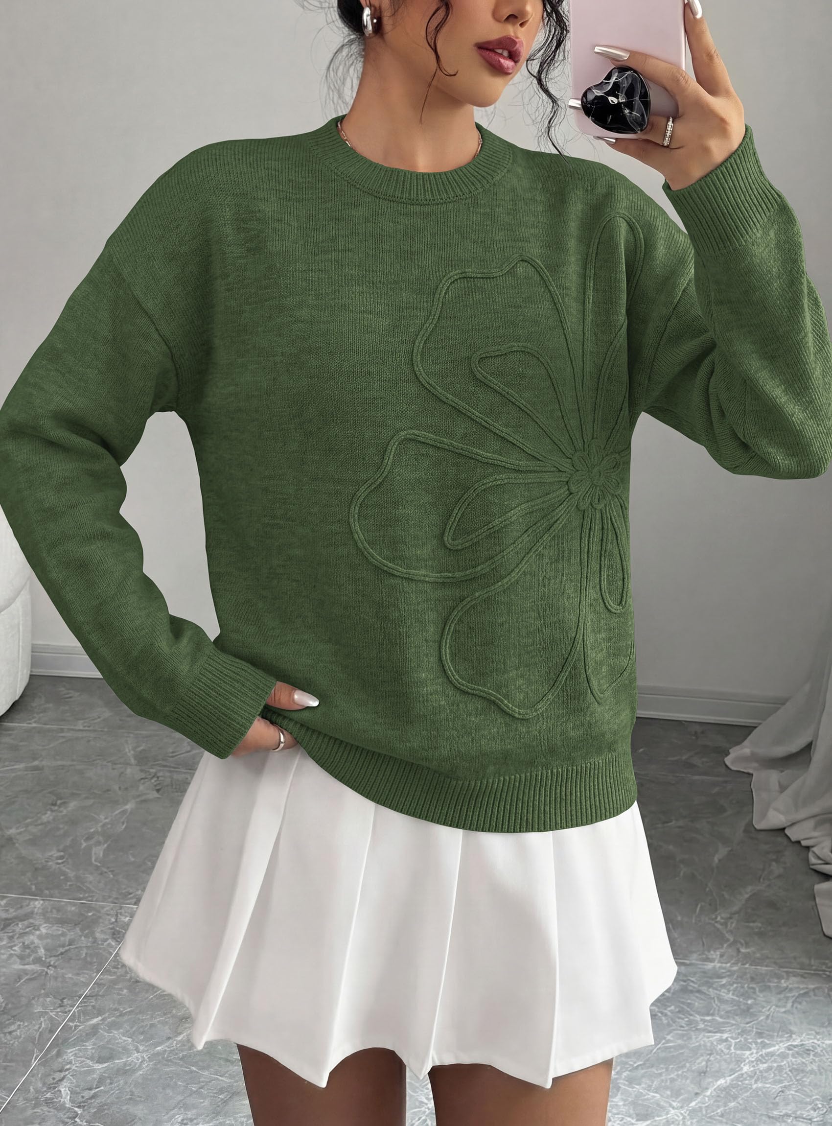 Sweaters for Women Fall Fashion Embroidered Floral Knit Tops
