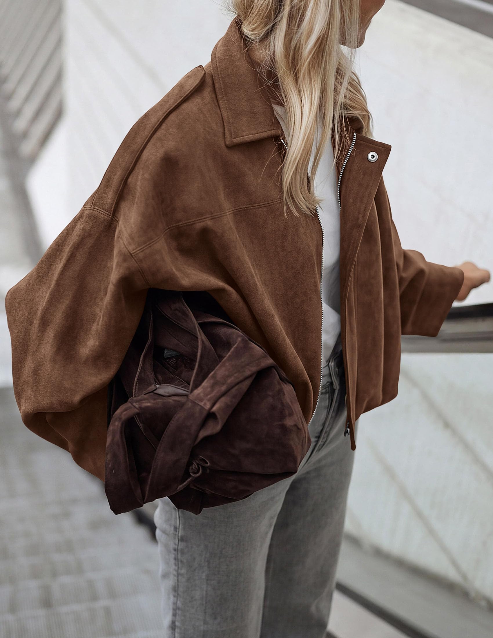 Faux Suede Jacket Women Fall Cropped Western Bomber Jacket