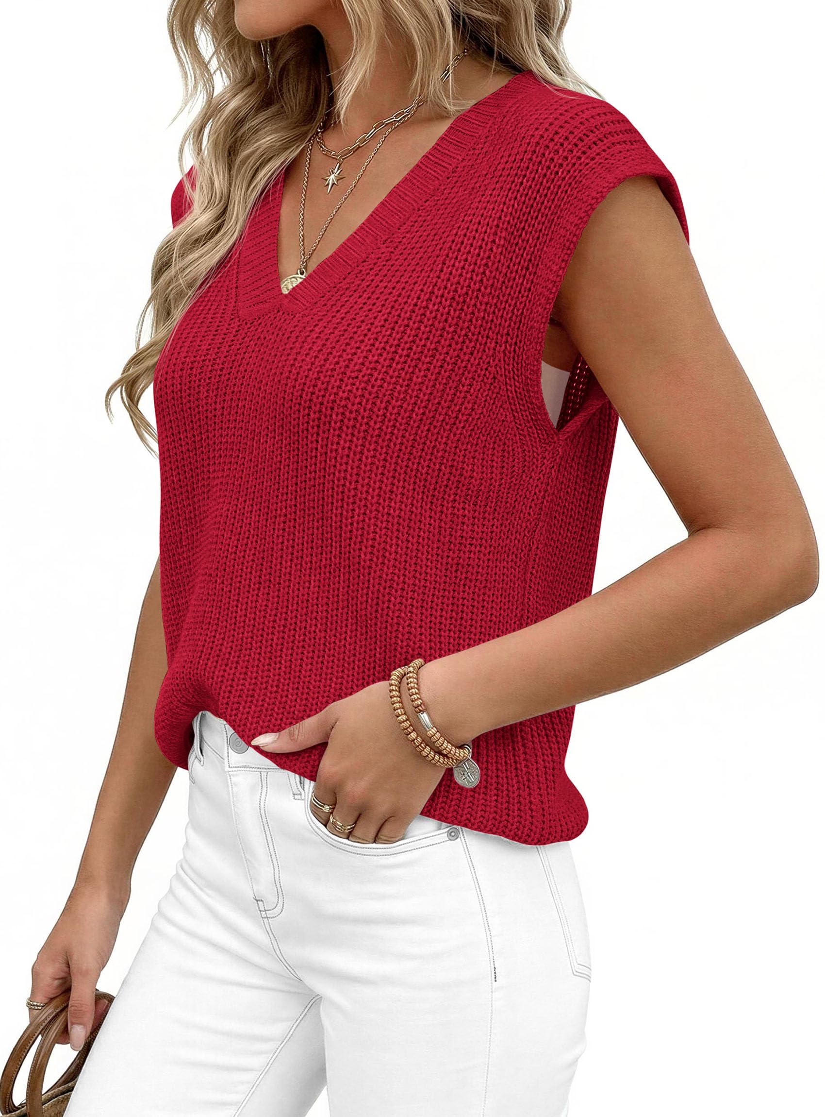 Women's Cap Sleeve Sweaters Vest Summer Tops (Red,S)