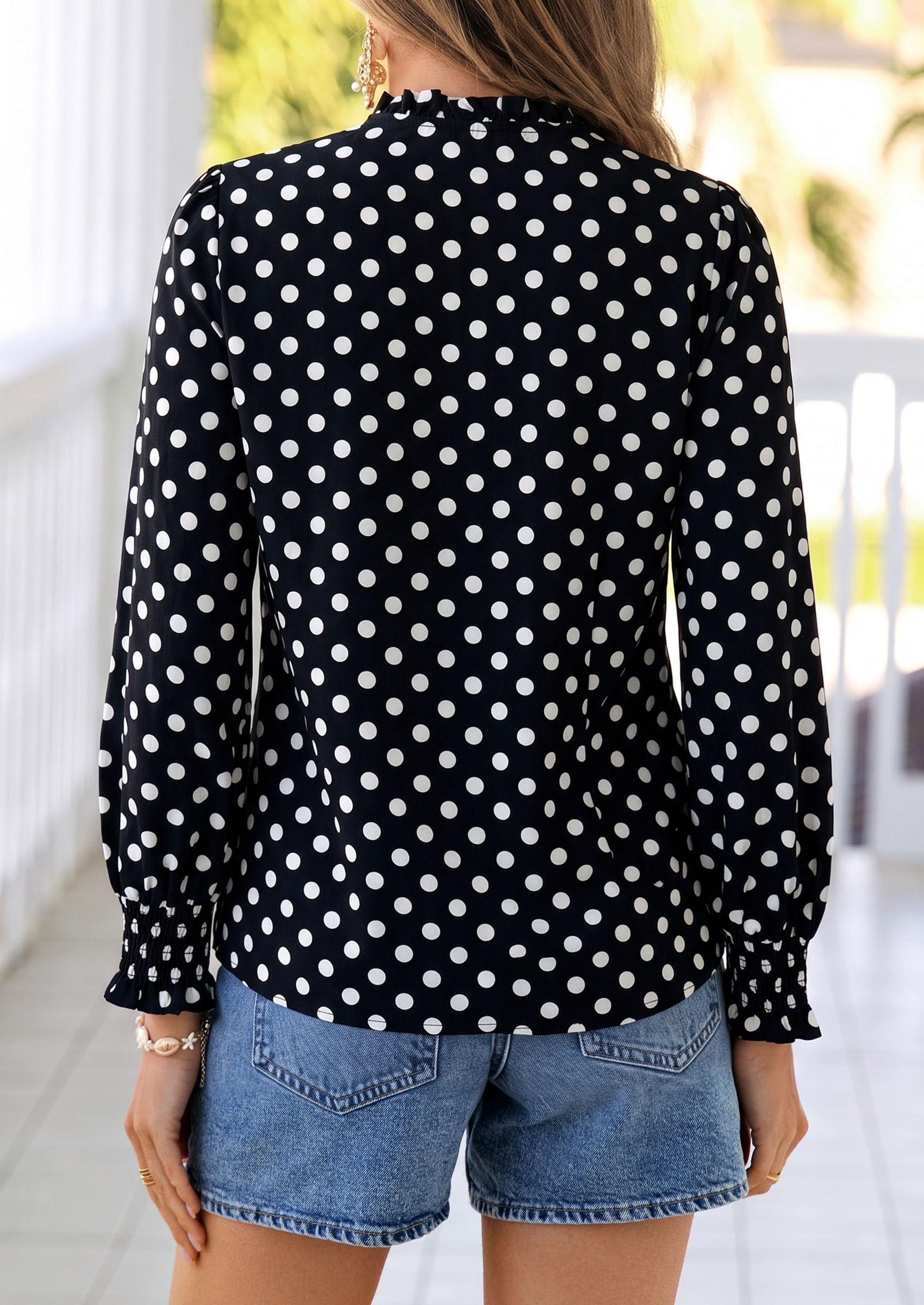 Women's Boho Floral Blouses Dressy Casual Polka Dot Black,S