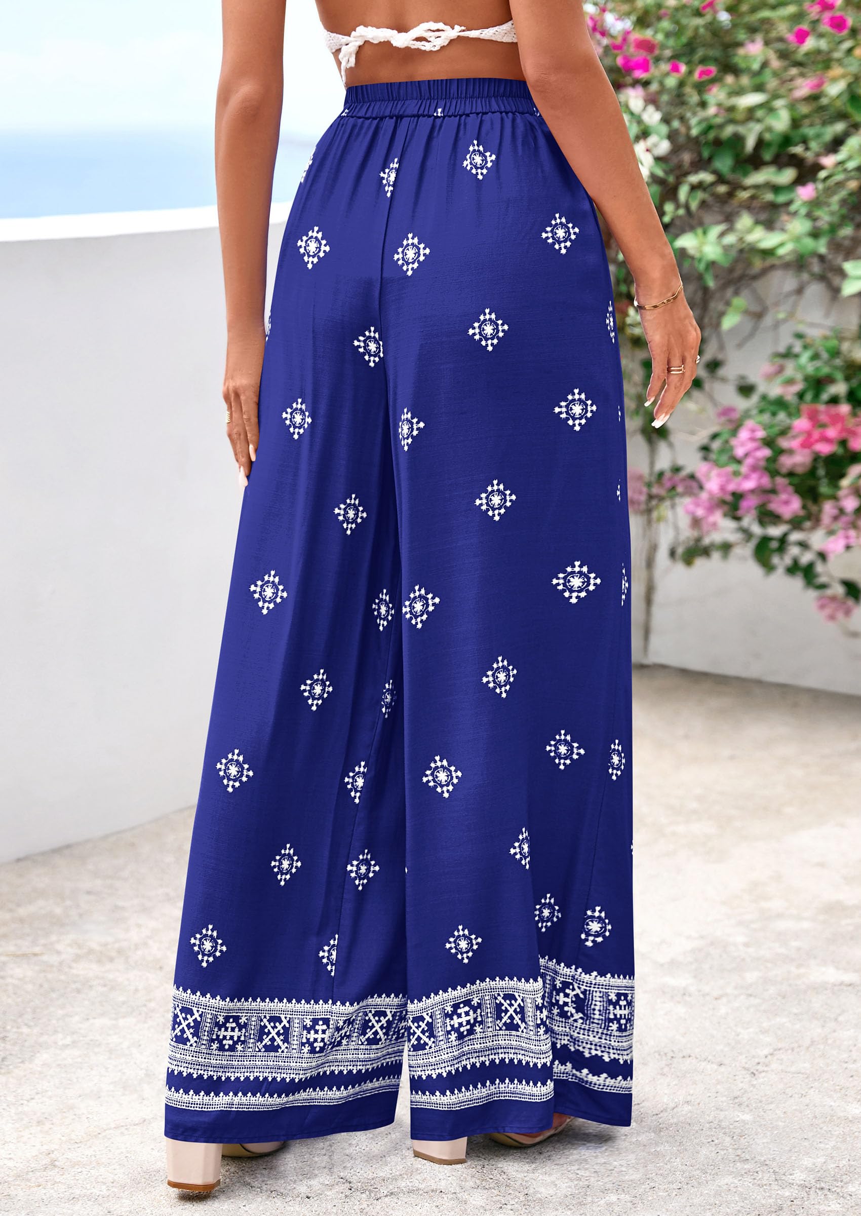 Wide Leg Flowy Boho Pants for Women, Royal Blue,S
