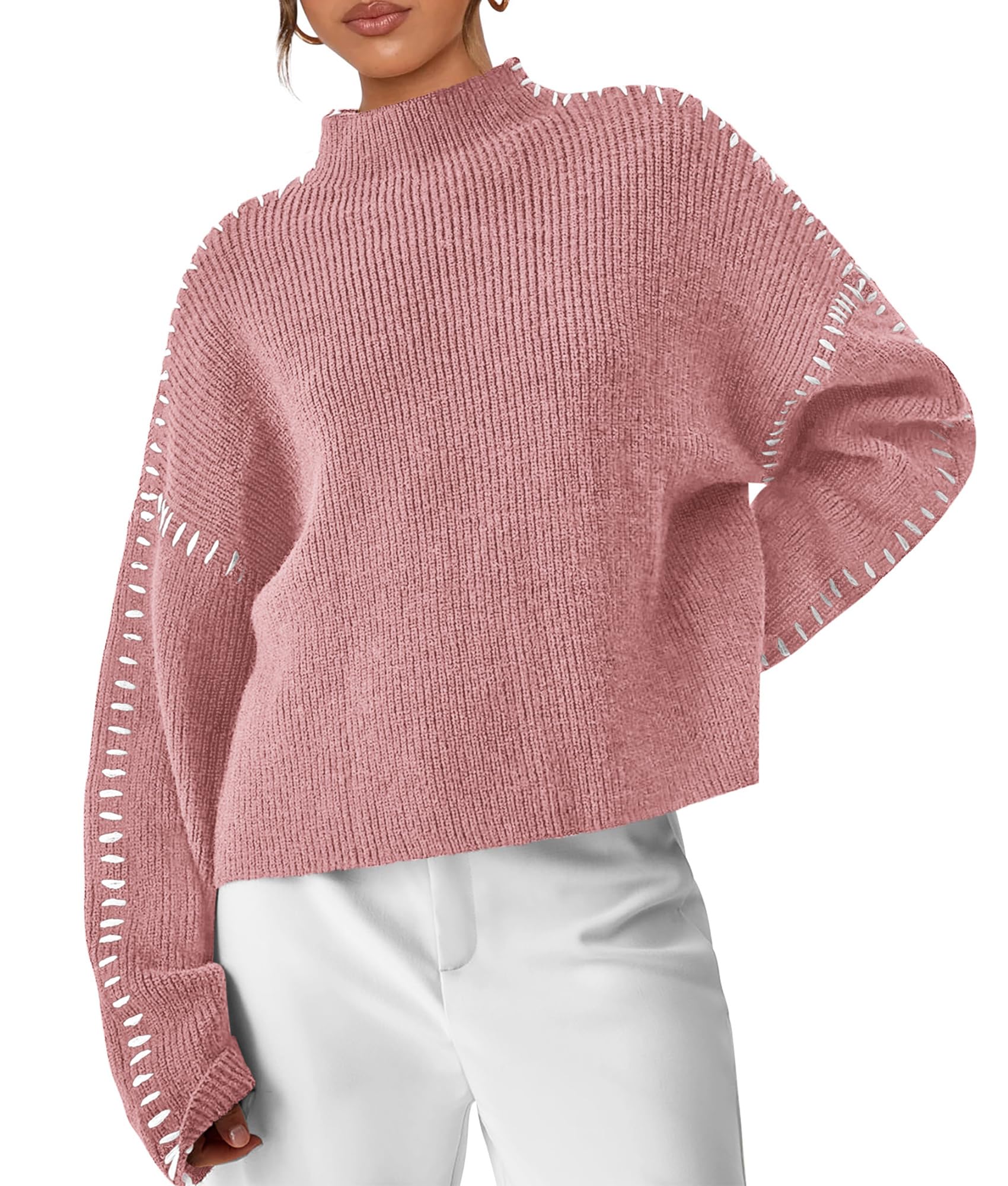 Womens Chunky Knit Oversized Pullover Sweaters,Grey Pink,S